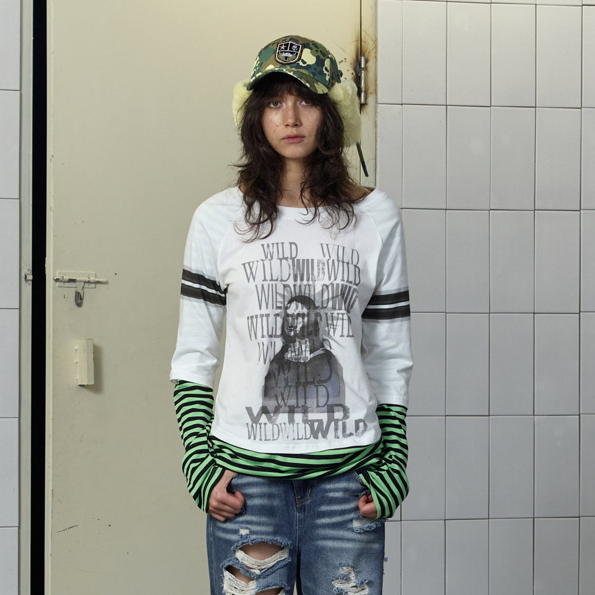 FULLTIDE Graffiti Spliced Stripe Layered Long-Sleeve Tee