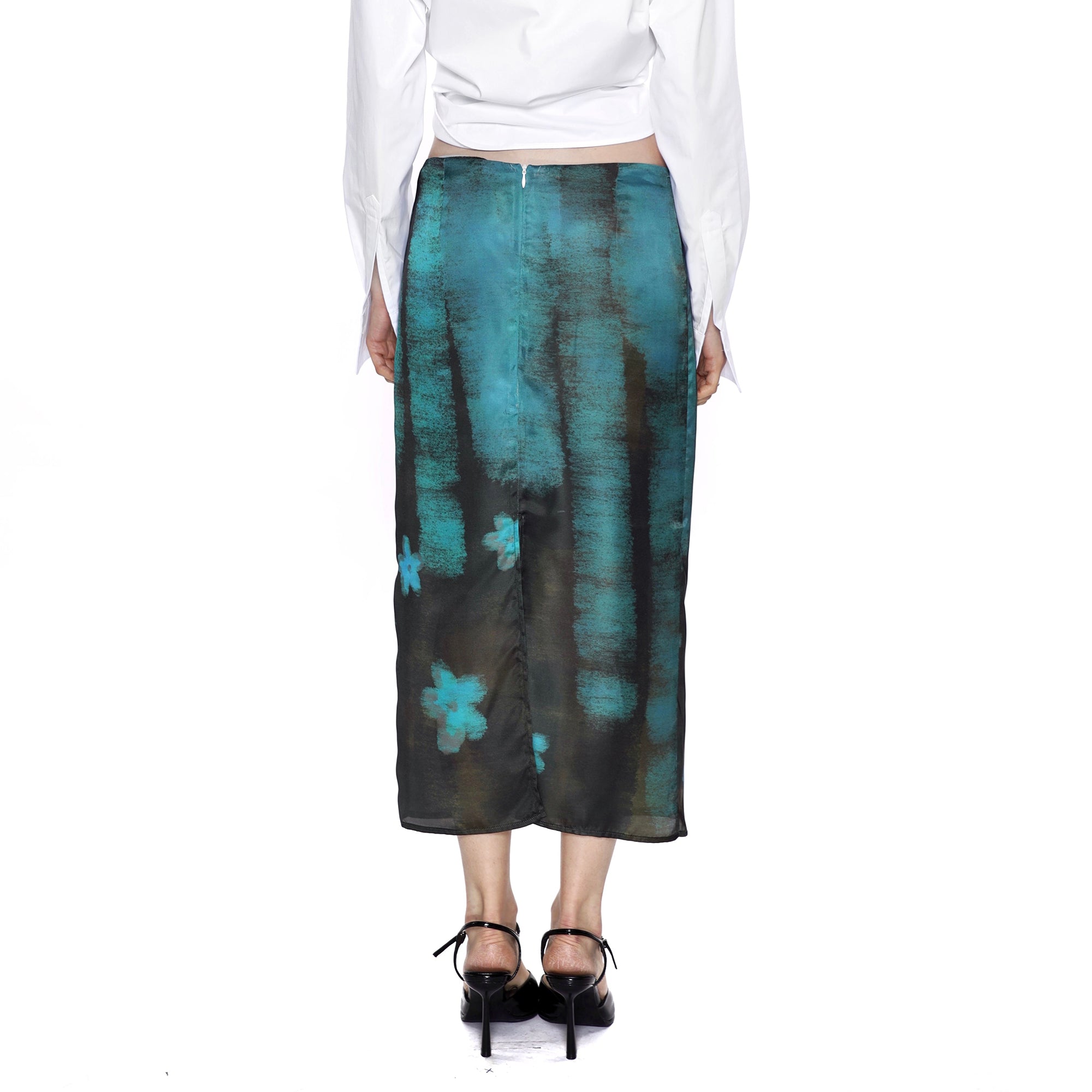 SCARLET SAGE Gradient Full-Print Satin Midi Skirt