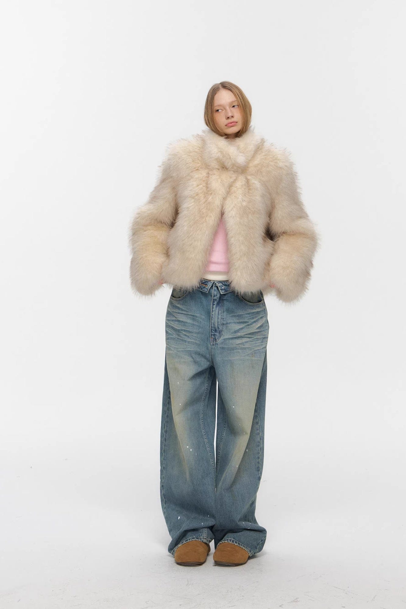 10AMSOTIIIIIIRED Asymmetrical Front Toggle Faux Fur Jacket