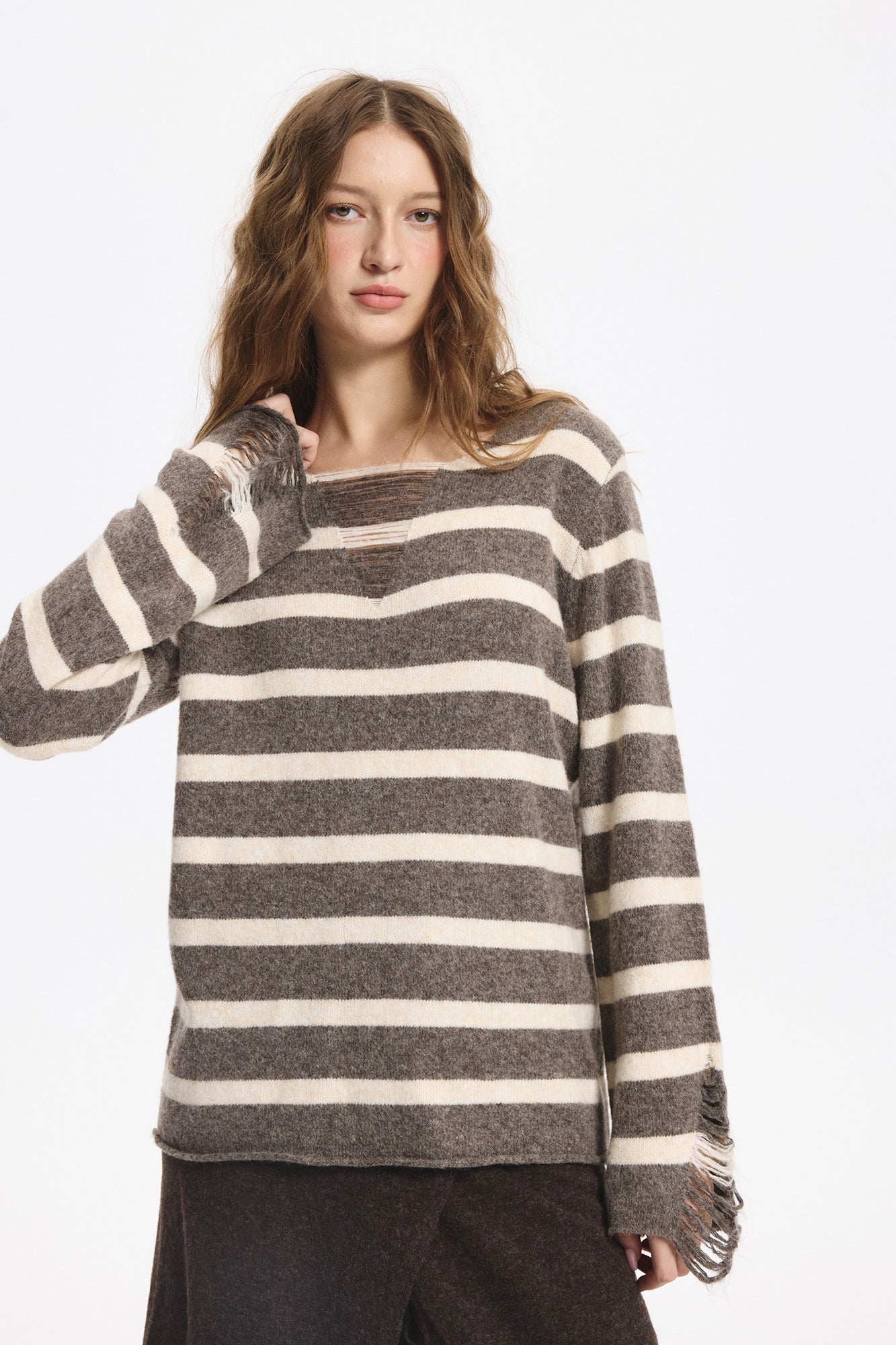 LEONSENSE Distressed Stripe Knit Pullover