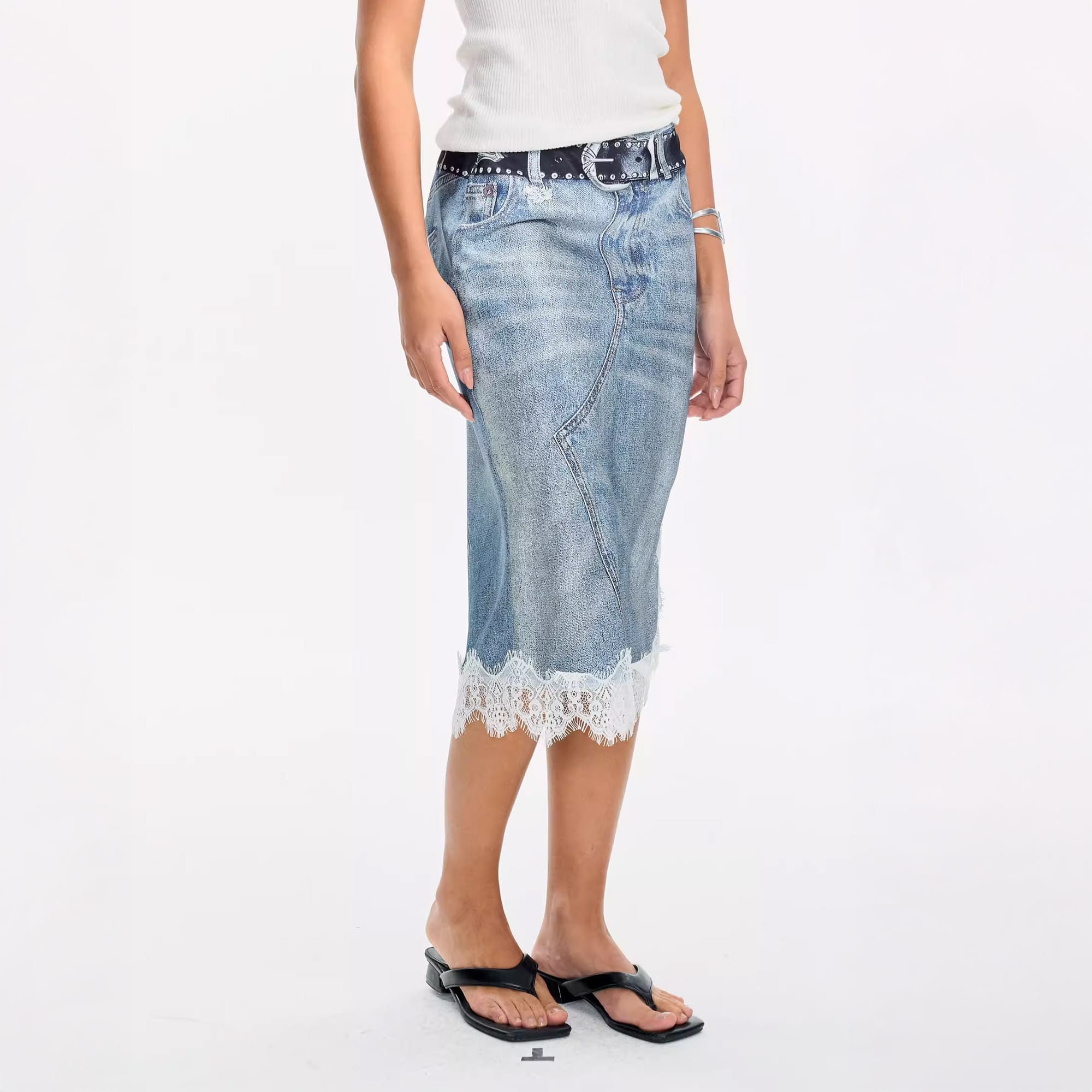 LEONSENSE Denim Full-Print Lace-Splice Slit Skirt