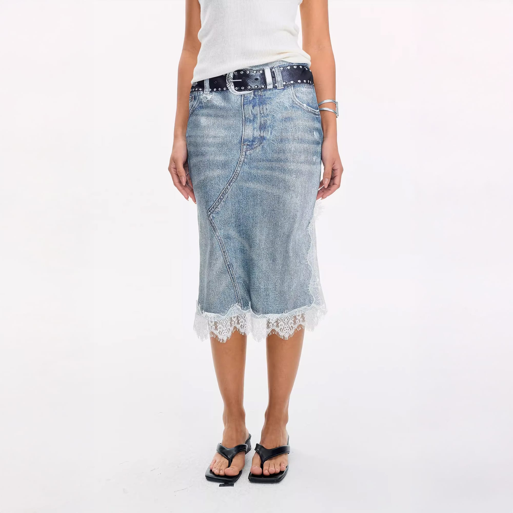 LEONSENSE Denim Full-Print Lace-Splice Slit Skirt