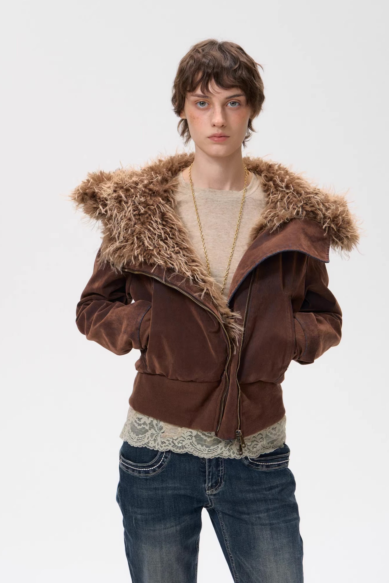 10AMSOTIIIIIIRED Sherpa-Lined Faux Fur Hooded Bomber Jacket