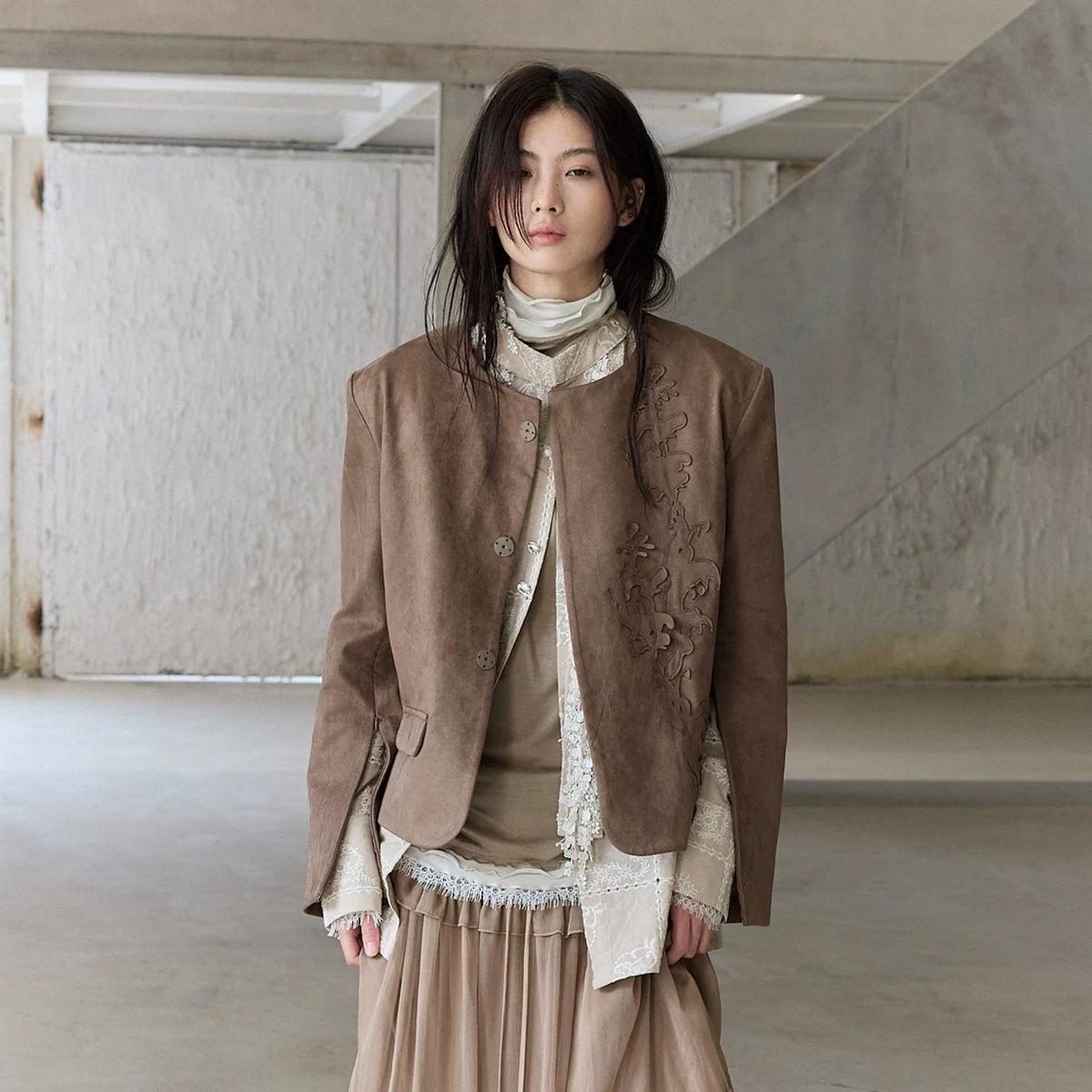 CHANGGUANG YUANZI Embroidered Patchwork Zip-Cuff Suede Jacket