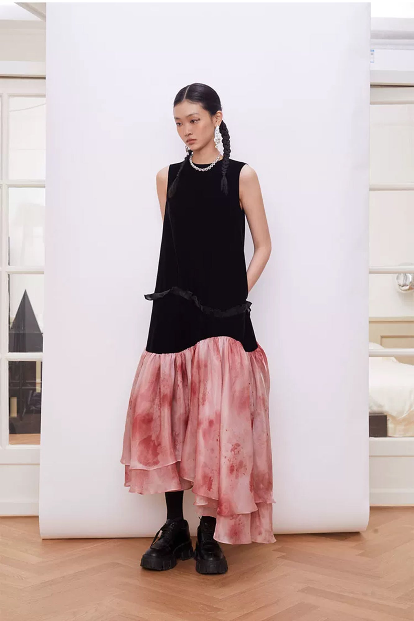 LAYERS Asymmetrical Flounce-Hem Spliced Maxi Dress