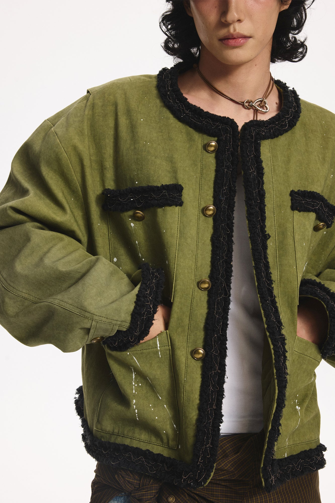 LEONSENSE Paneled Fleece Trim Paint-Splattered Jacket