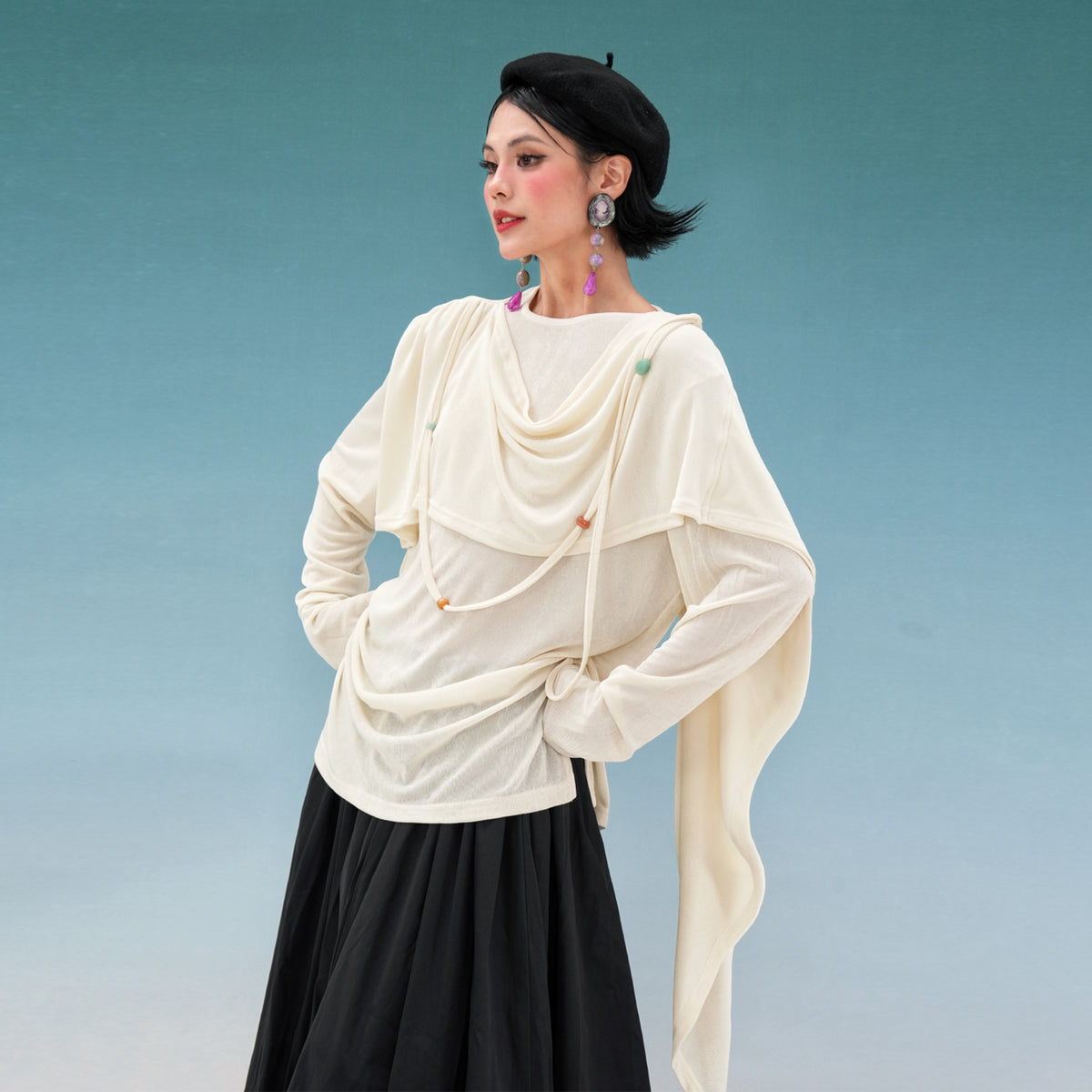 NOPMOB Draped Cape-Overlay Knit Long-Sleeve Top