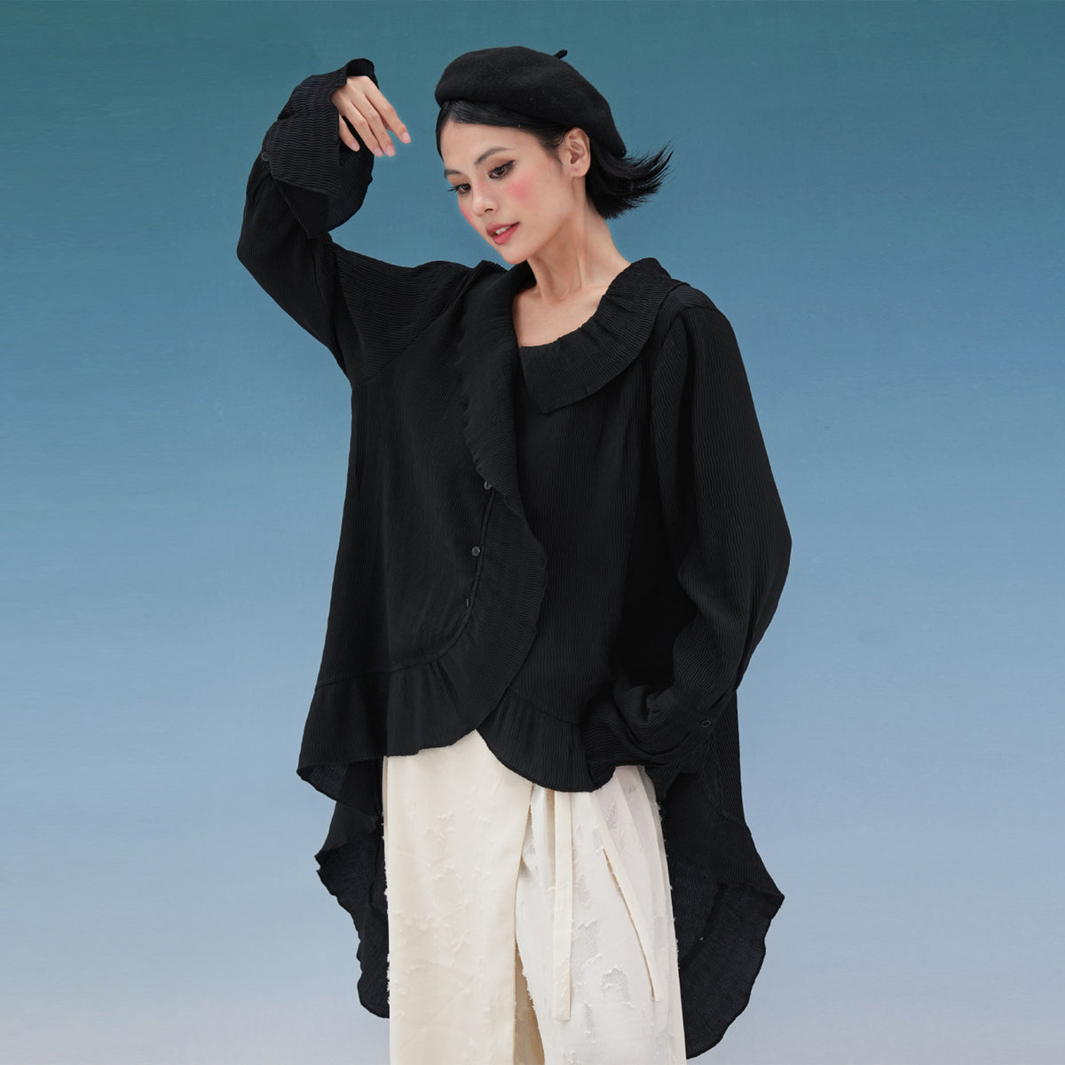 NOPMOB Crinkled Ruffle-Trim Shirt