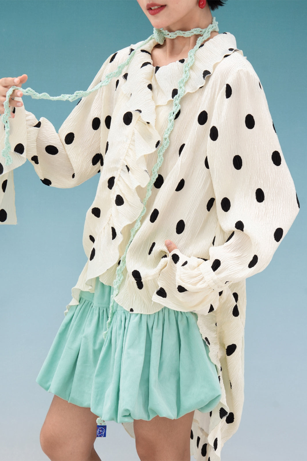 NOPMOB Retro Polka Dot Crinkled Ruffle Shirt