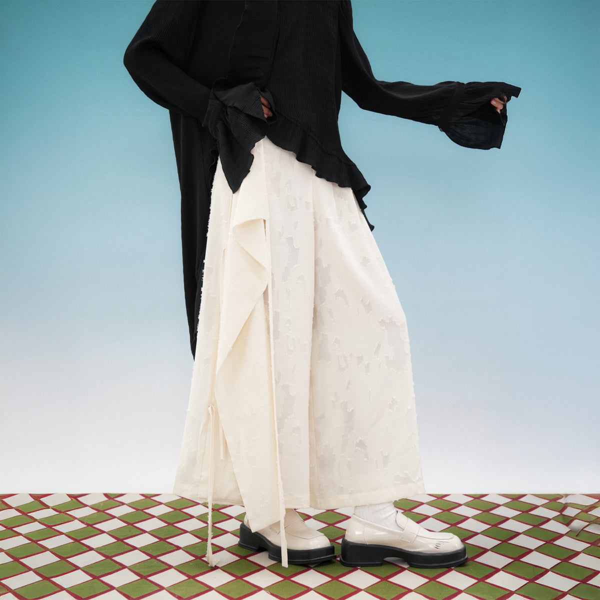 NOPMOB Deconstructed Jacquard Frayed Wide-Leg Culottes