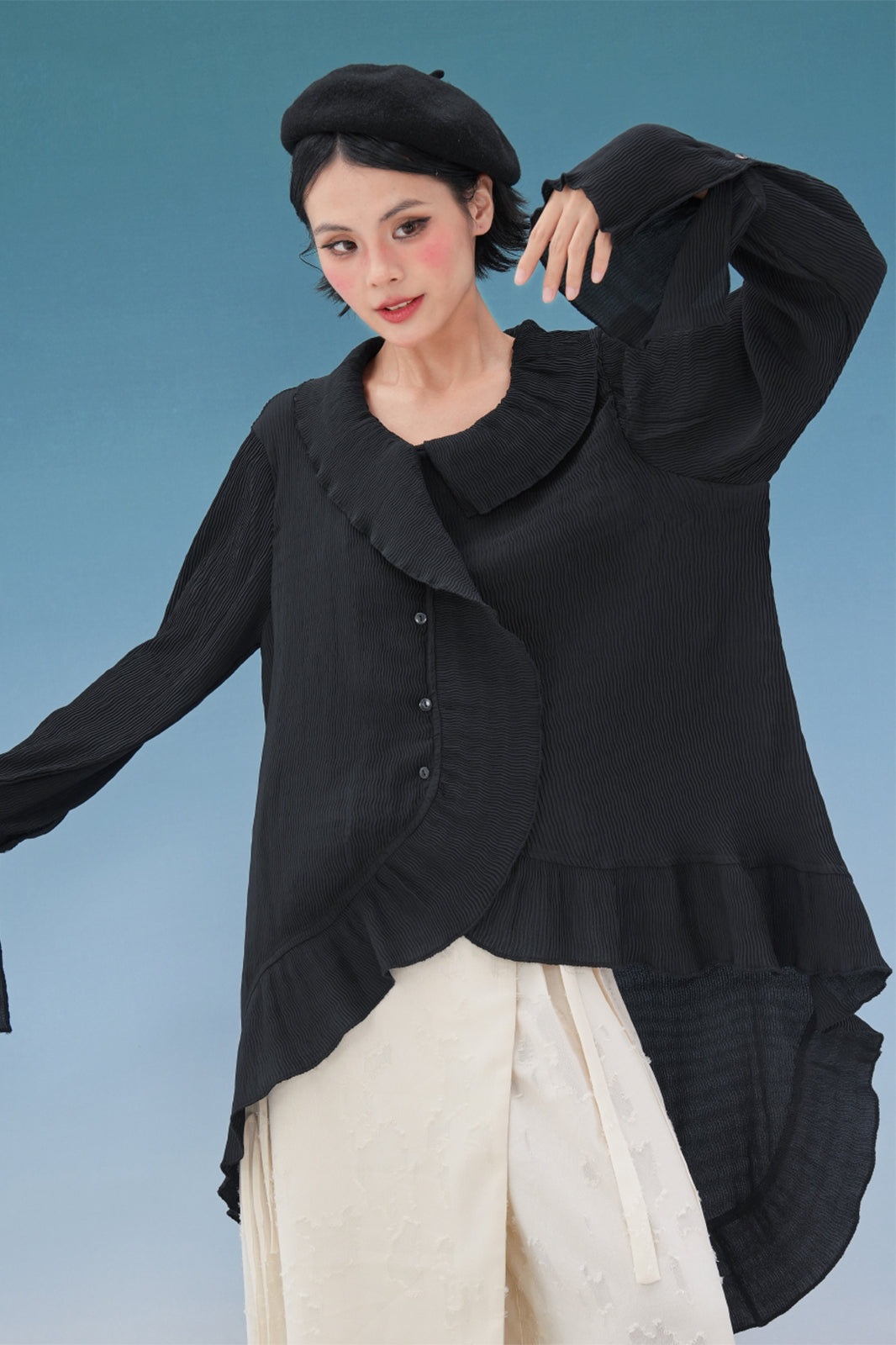 NOPMOB Crinkled Ruffle-Trim Shirt