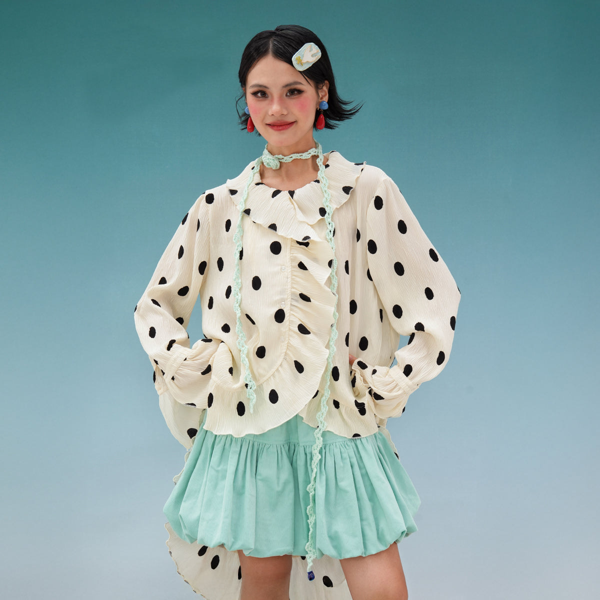 NOPMOB Retro Polka Dot Crinkled Ruffle Shirt