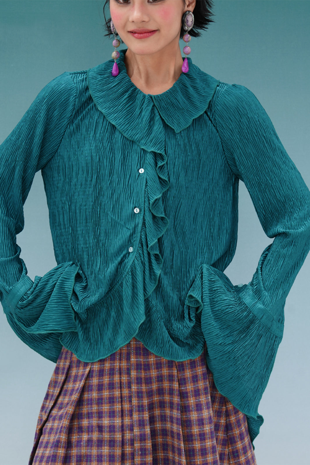 NOPMOB Crinkled Ruffle-Trim Satin Shirt