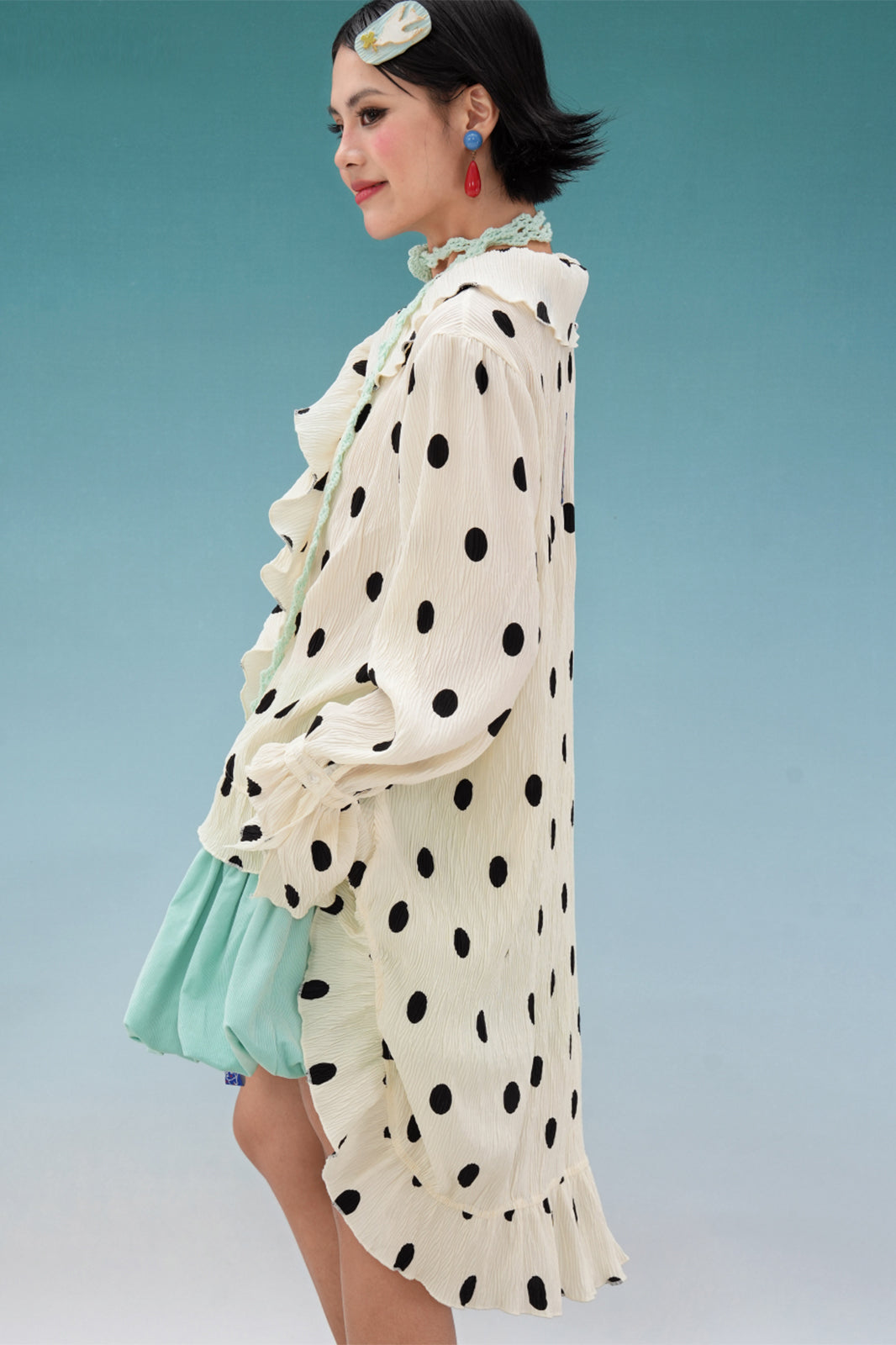 NOPMOB Retro Polka Dot Crinkled Ruffle Shirt
