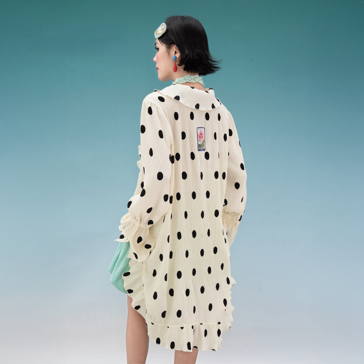 NOPMOB Retro Polka Dot Crinkled Ruffle Shirt