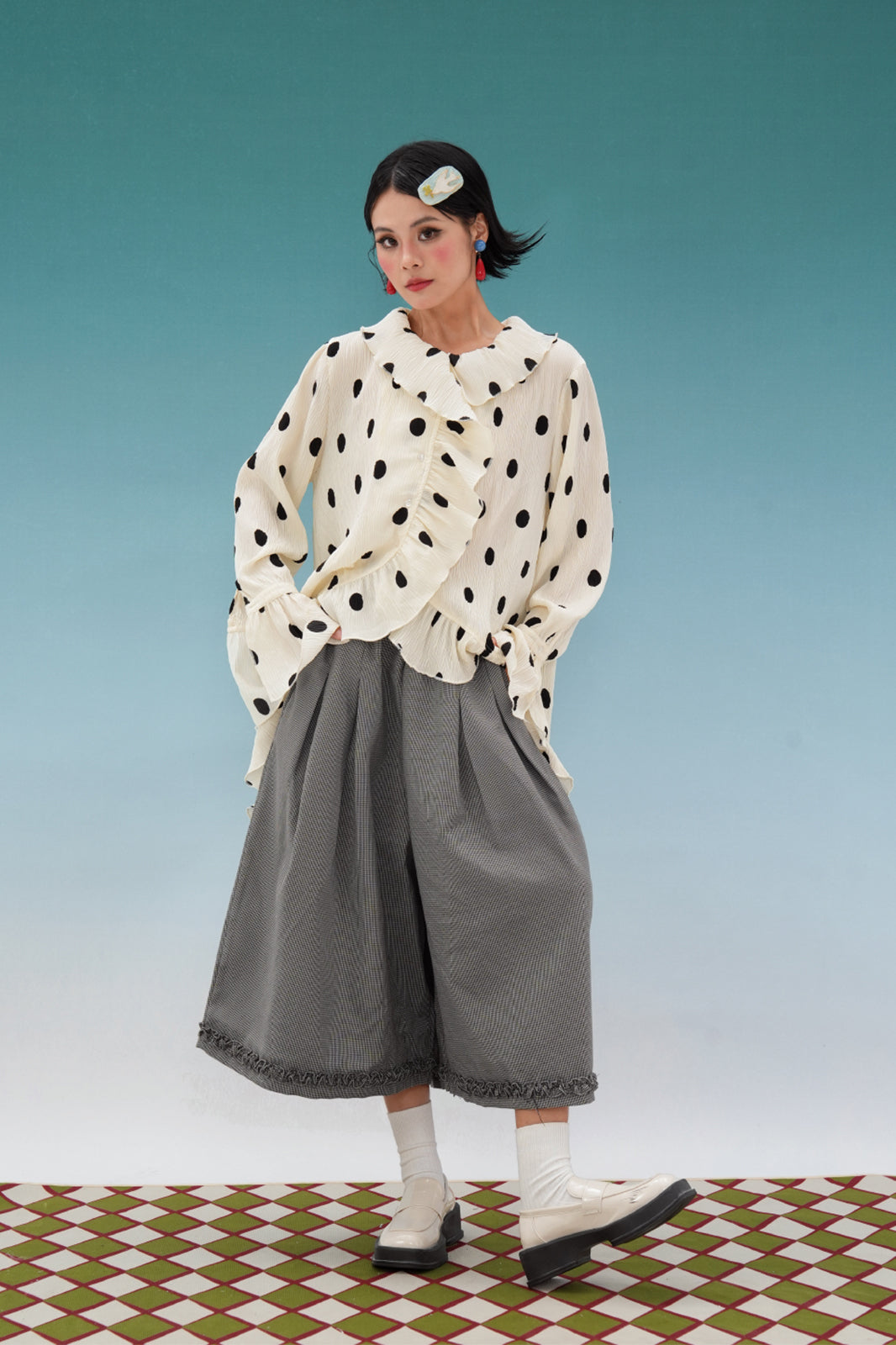 NOPMOB Retro Polka Dot Crinkled Ruffle Shirt