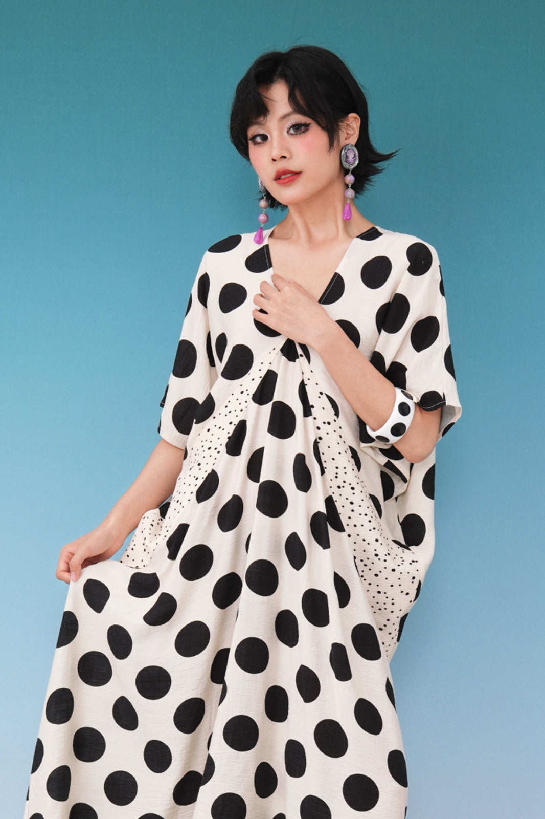 NOPMOB Spliced Polka Dot Draped Maxi Dress