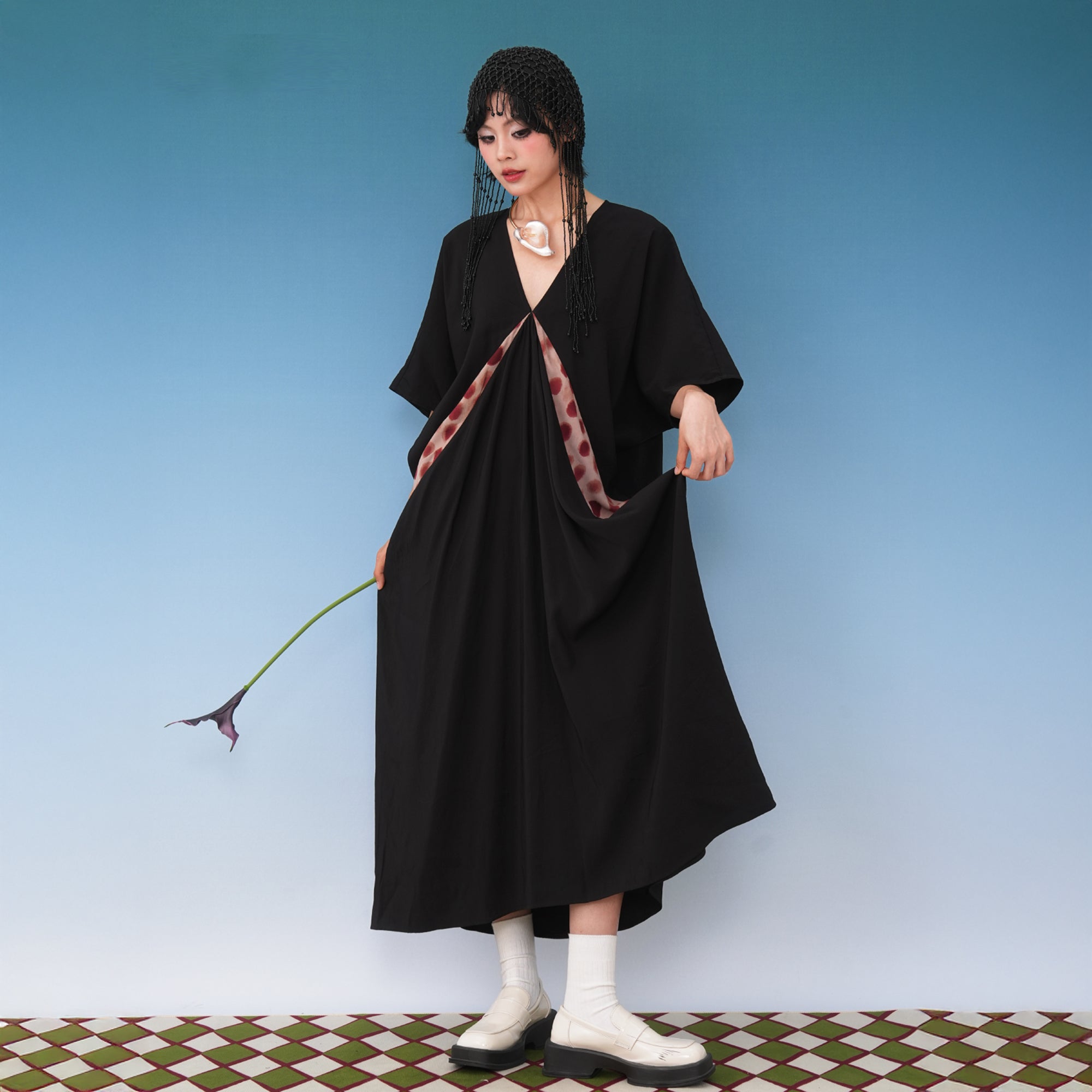 NOPMOB Dot Panel Draped Maxi Dress