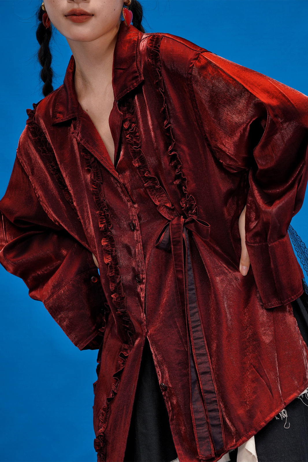 NOPMOB Satin Ruffled Iridescent Oversized Shirt