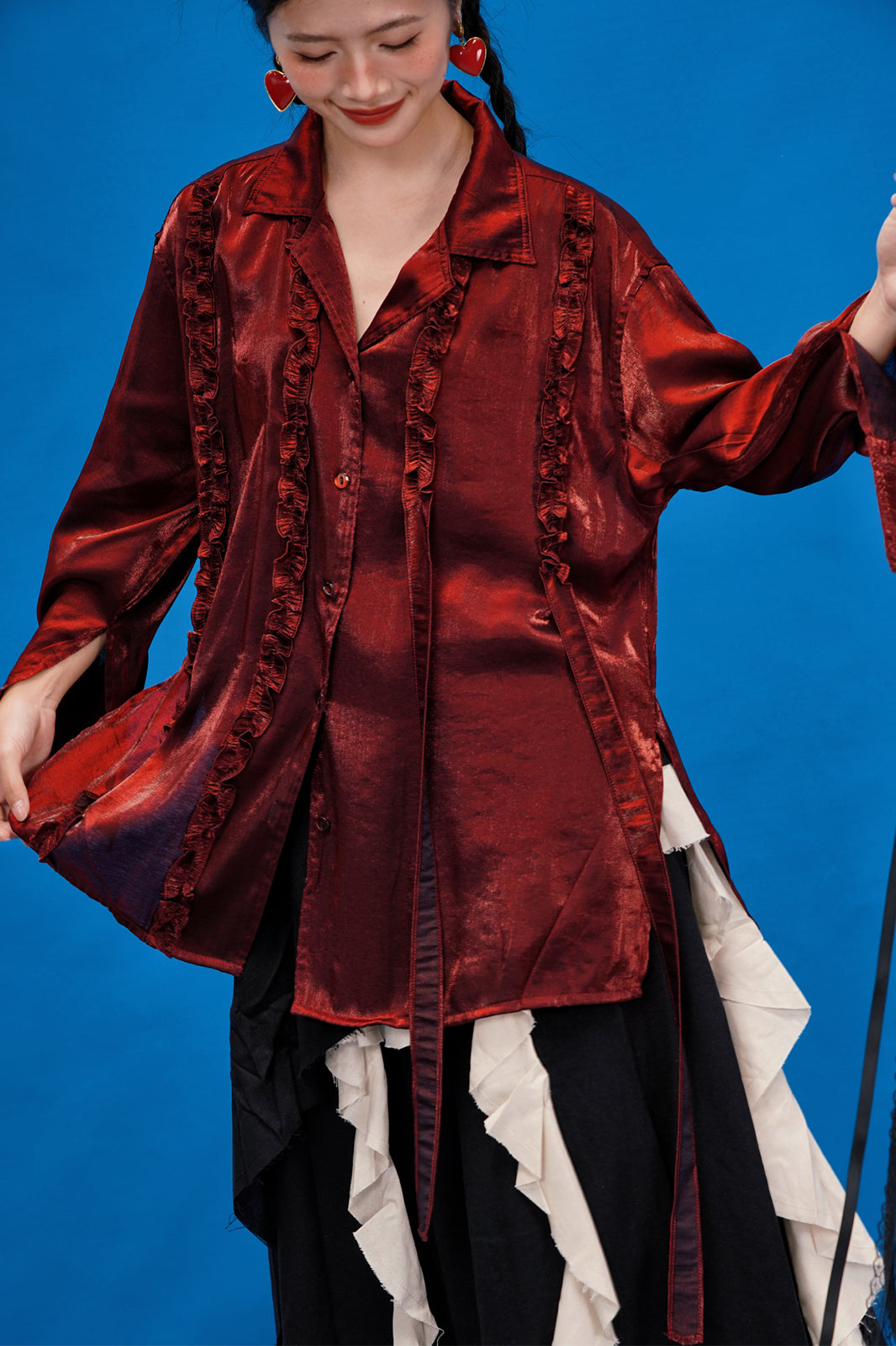 NOPMOB Satin Ruffled Iridescent Oversized Shirt