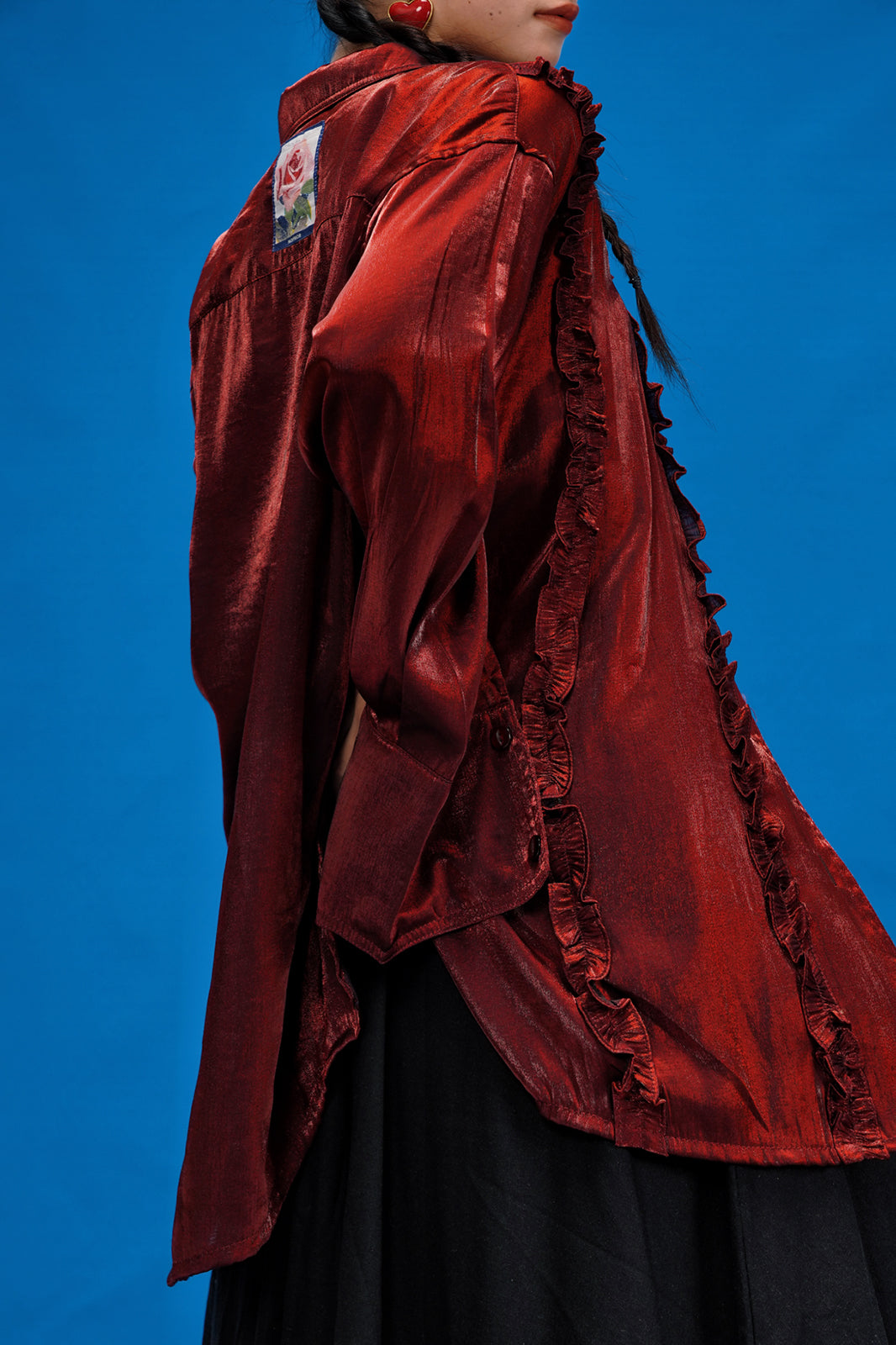 NOPMOB Satin Ruffled Iridescent Oversized Shirt