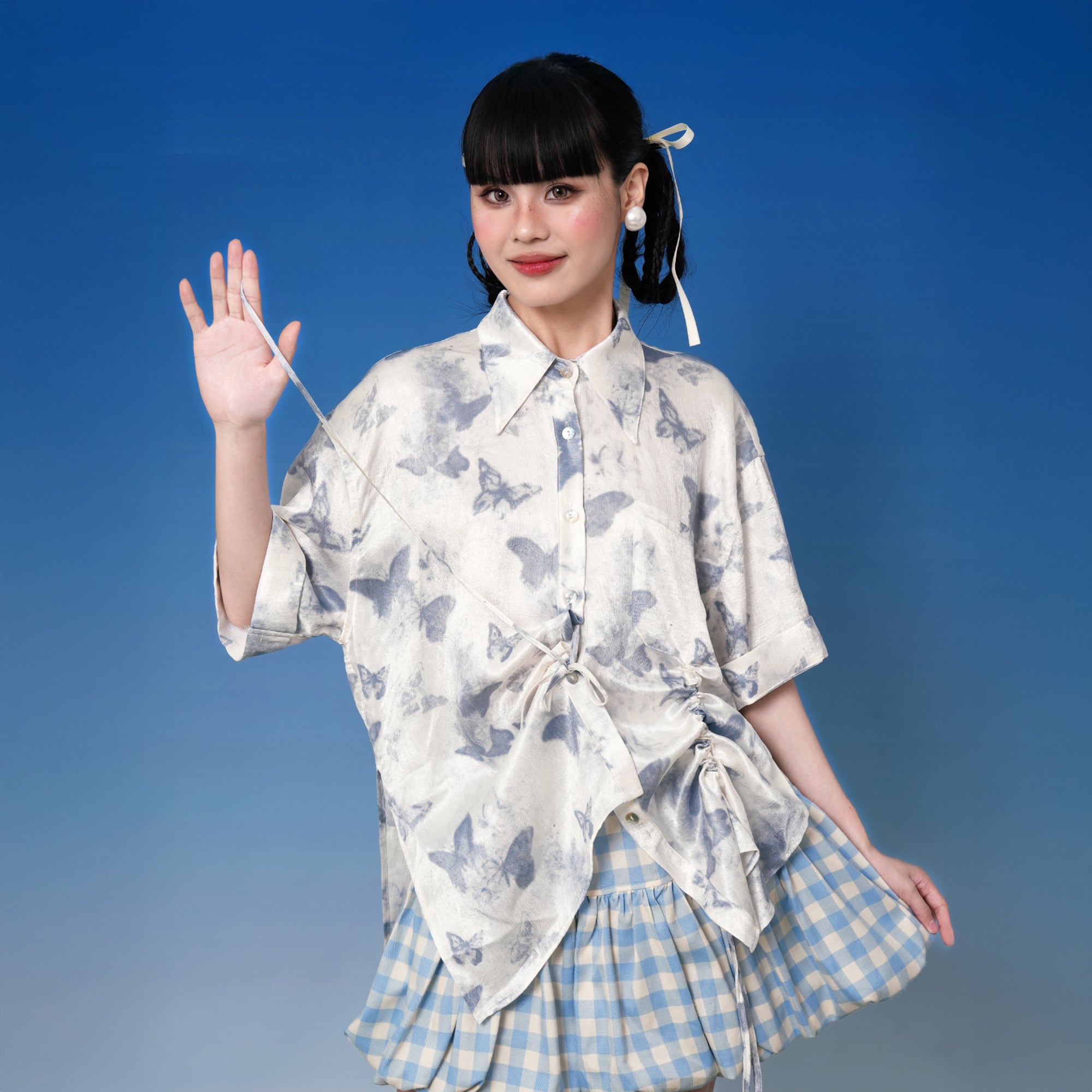 NOPMOB Butterfly Graphic Drawstring Half Shirt