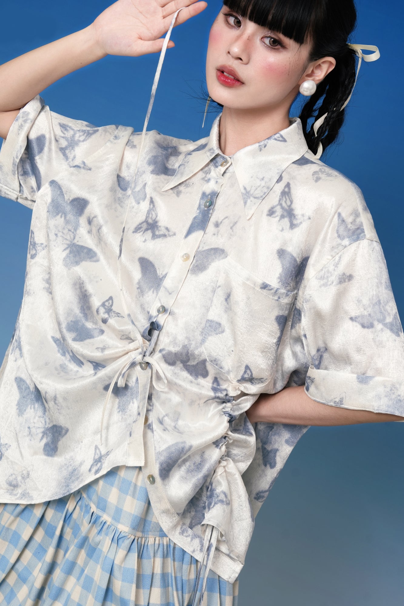 NOPMOB Butterfly Graphic Drawstring Half Shirt