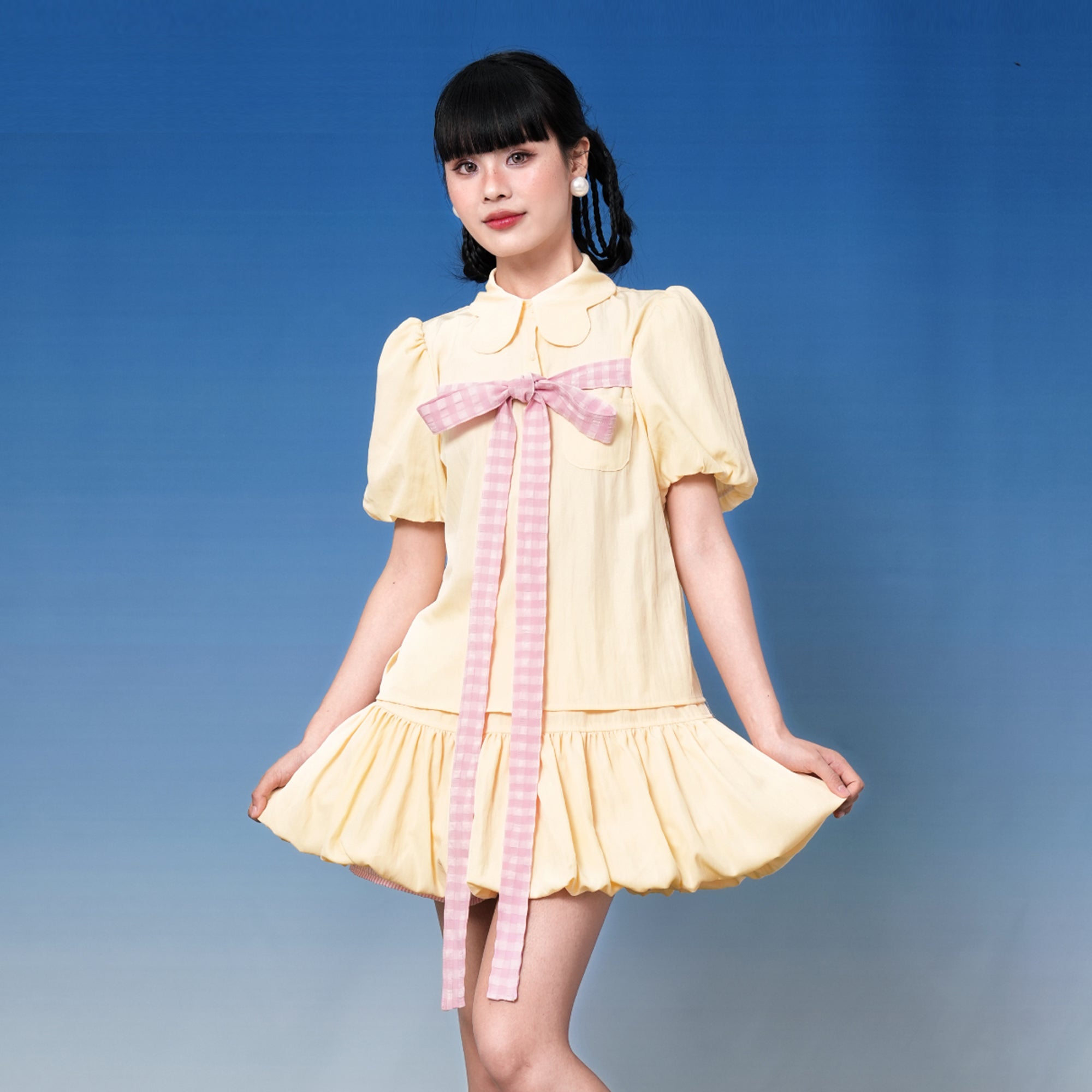 NOPMOB Gingham Bow Half-Shirt & Bubble Hem Skort Set