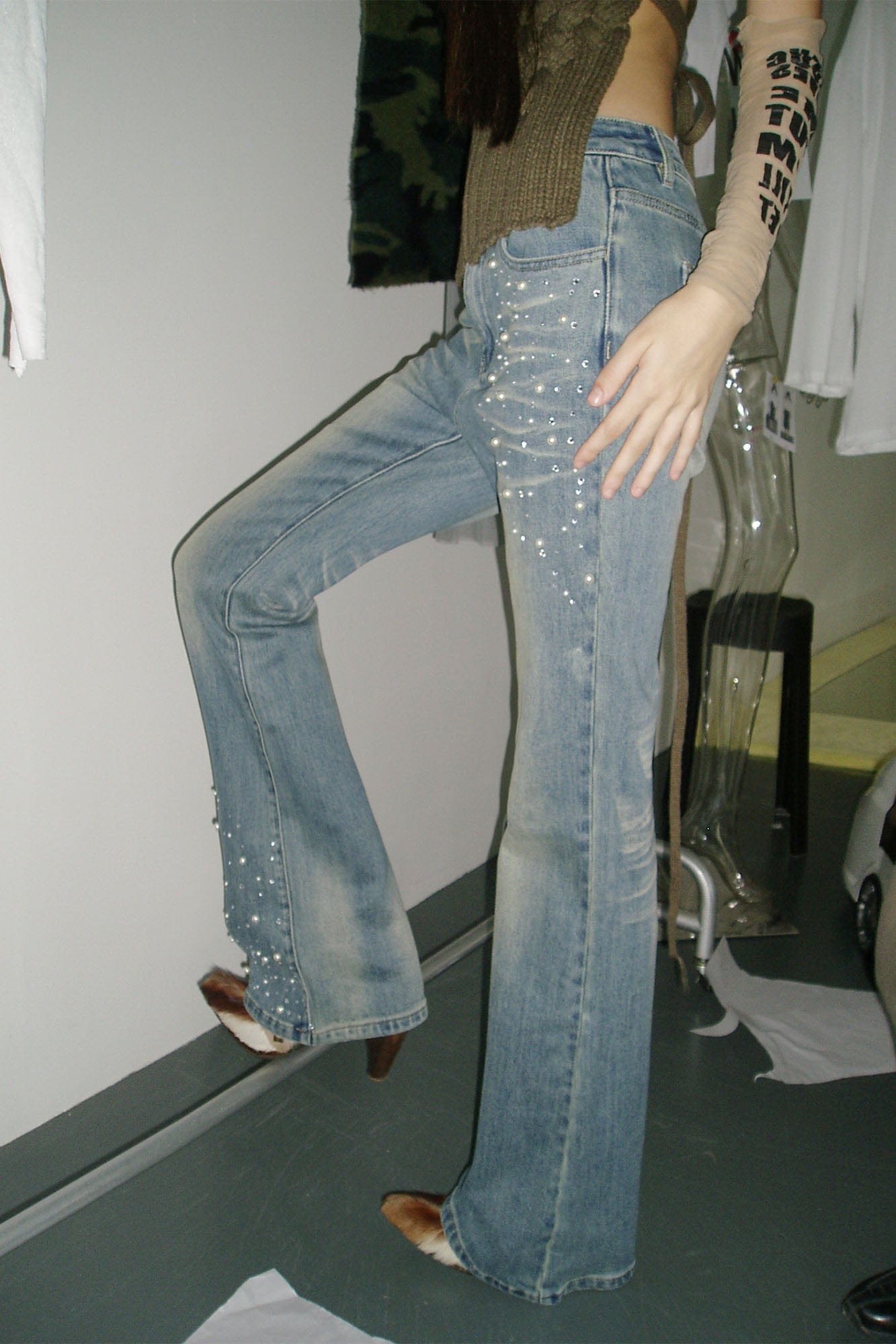 NEVER OFFEND L ANGEL Pearl-Embellished Washed Straight-Leg Jeans