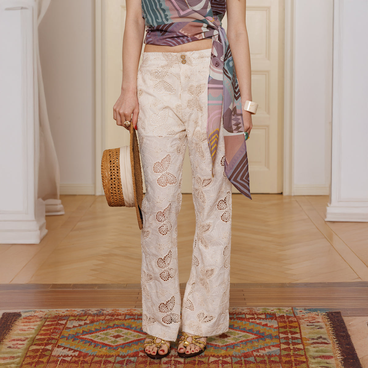 HUNGRAS Butterfly Embroidered Cut-Out Flared Pants