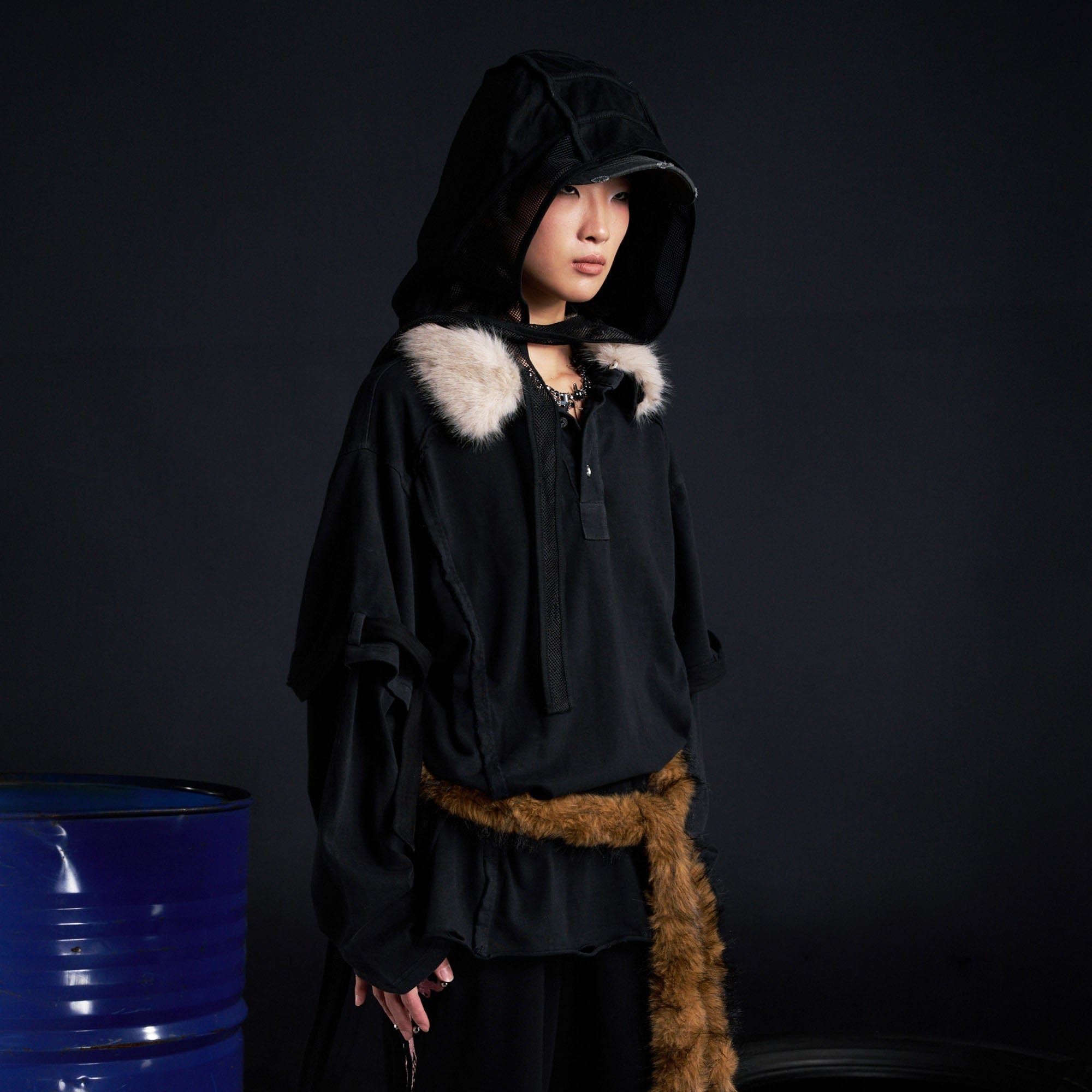 RECOVER ZONE Detachable Faux Fur Collar Long Sleeve Shirt, premium urban and streetwear designers apparel on PROJECTISR.com, RECOVER ZONE