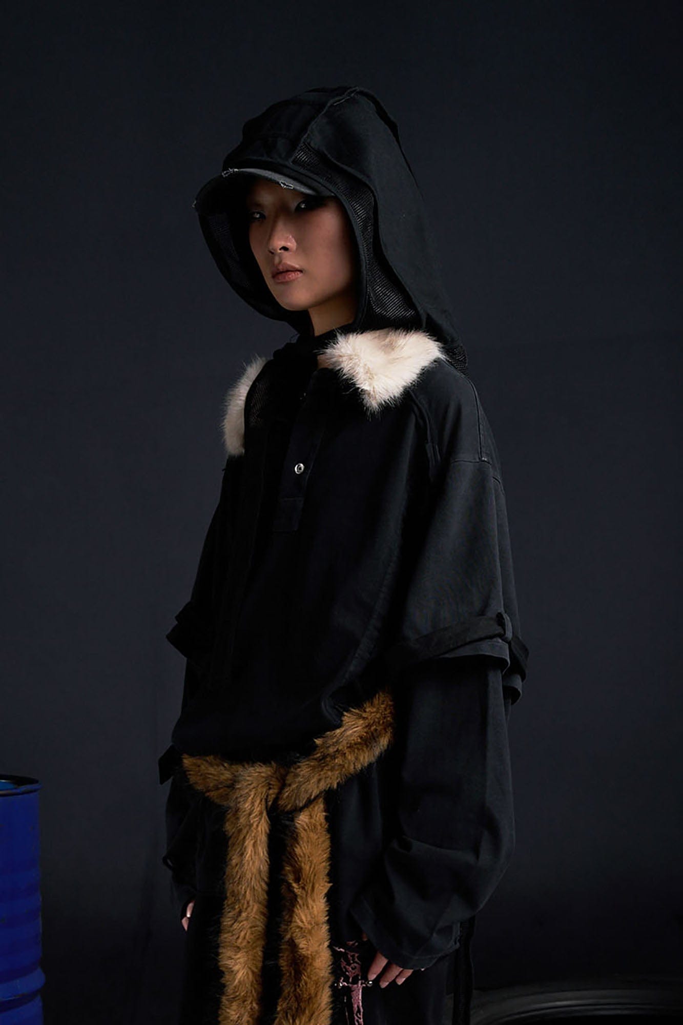 RECOVER ZONE Detachable Faux Fur Collar Long Sleeve Shirt, premium urban and streetwear designers apparel on PROJECTISR.com, RECOVER ZONE