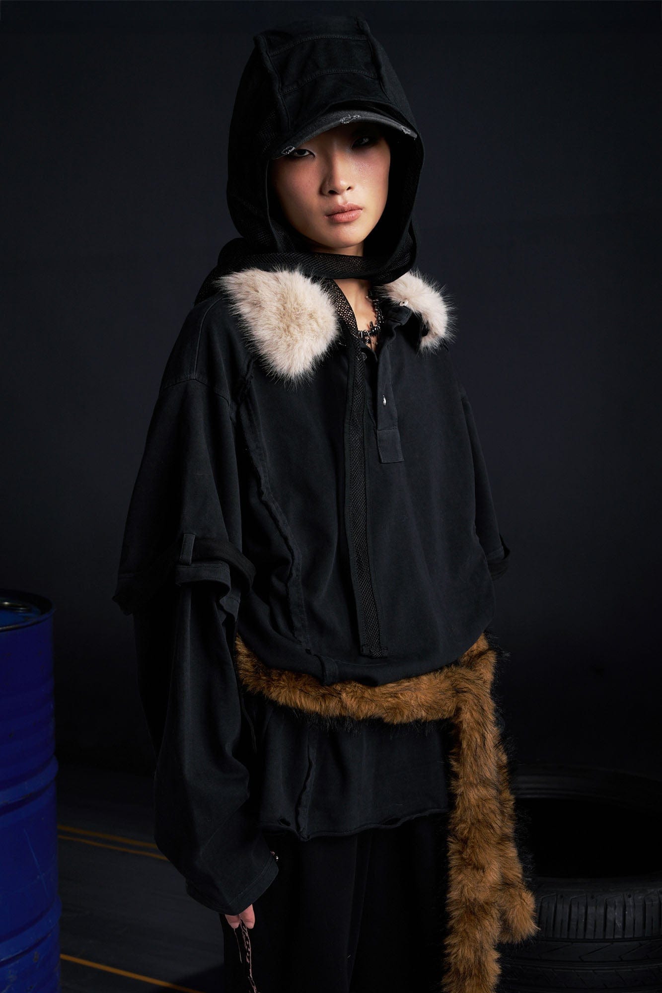 RECOVER ZONE Detachable Faux Fur Collar Long Sleeve Shirt, premium urban and streetwear designers apparel on PROJECTISR.com, RECOVER ZONE