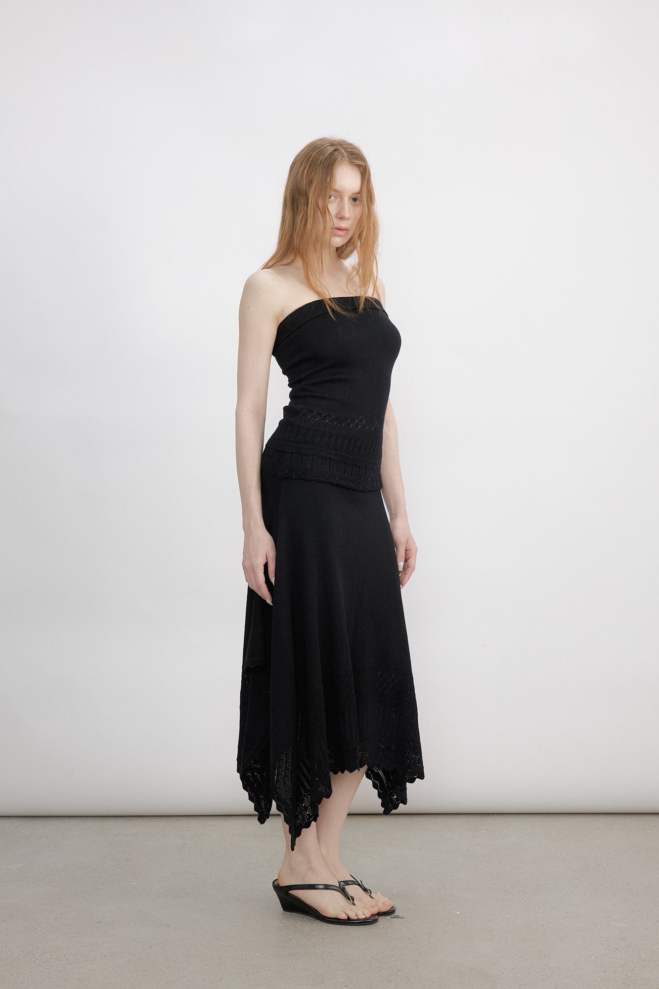 VERSION9 Handkerchief Hem Knit-Trim Midi Skirt