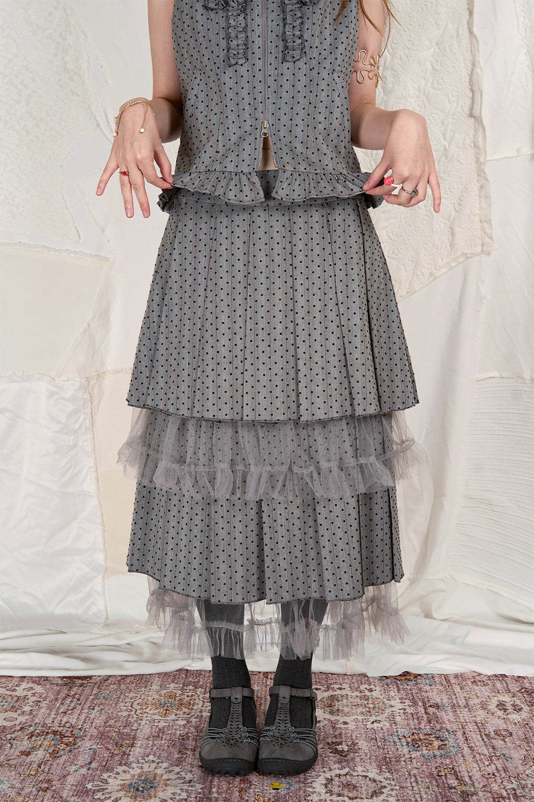 HSUSE Polka Dot Pleated Mesh Midi Skirt
