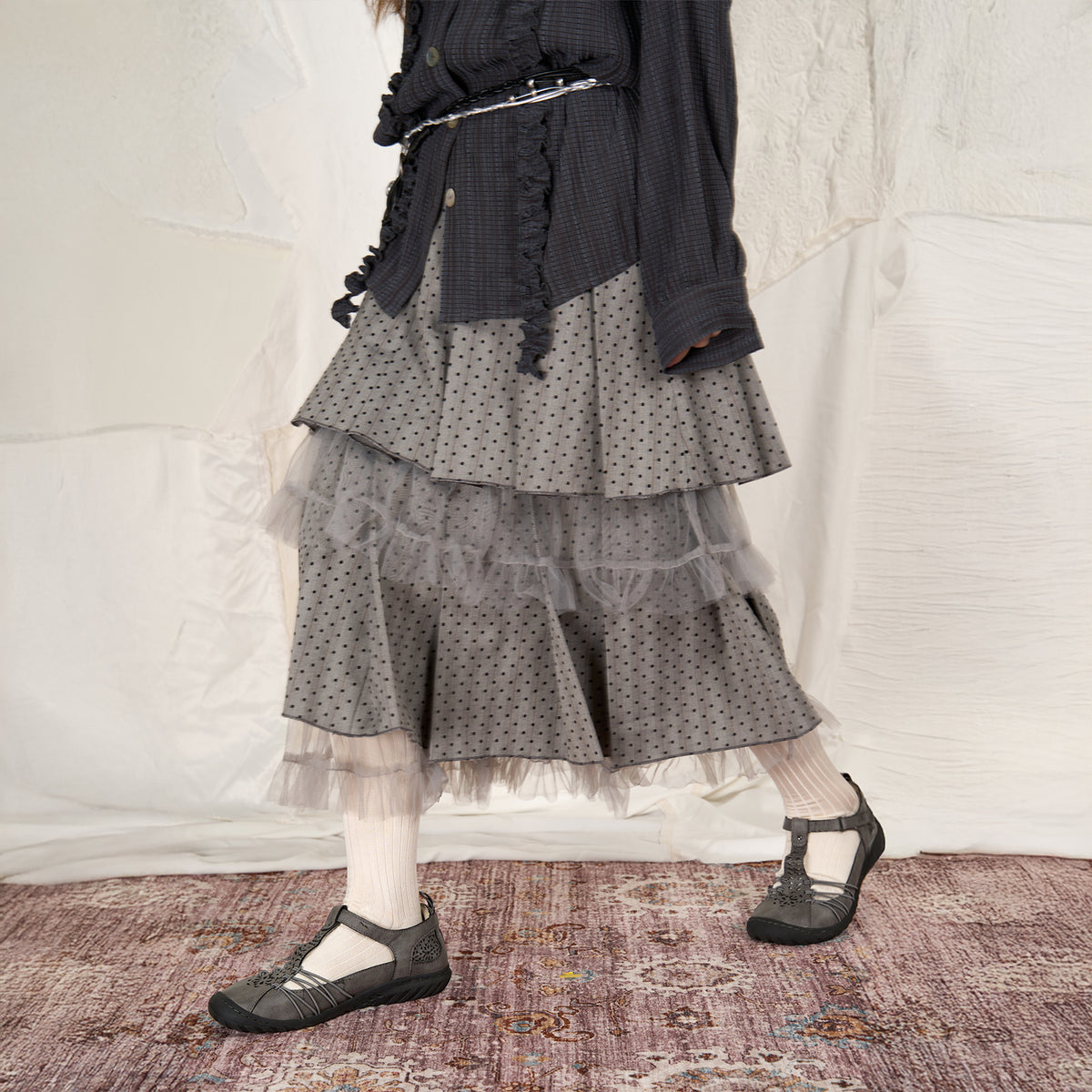 HSUSE Polka Dot Pleated Mesh Midi Skirt