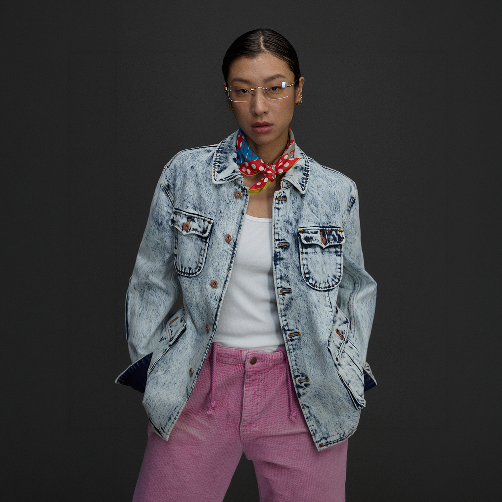 NIANJIUYIKOUER Snow-Washed Stand-Collar Denim Workwear Jacket, premium urban and streetwear designers apparel on PROJECTISR.com, NIANJIUYIKOUER