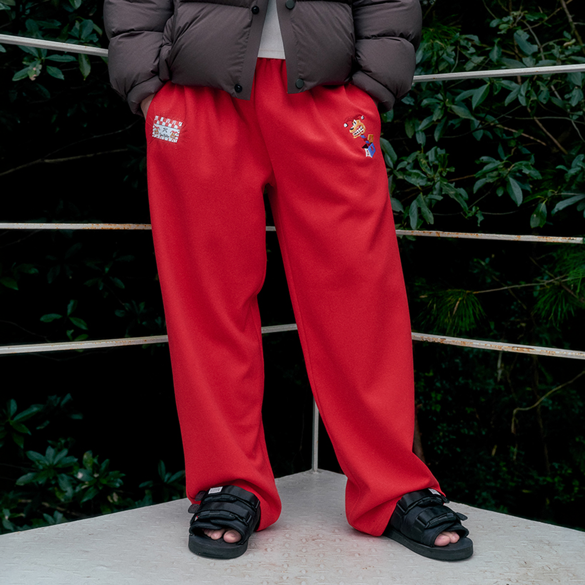 NIANJIUYIKOUER Straight-Leg Embroidered Patch Sweatpants, premium urban and streetwear designers apparel on PROJECTISR.com, NIANJIUYIKOUER