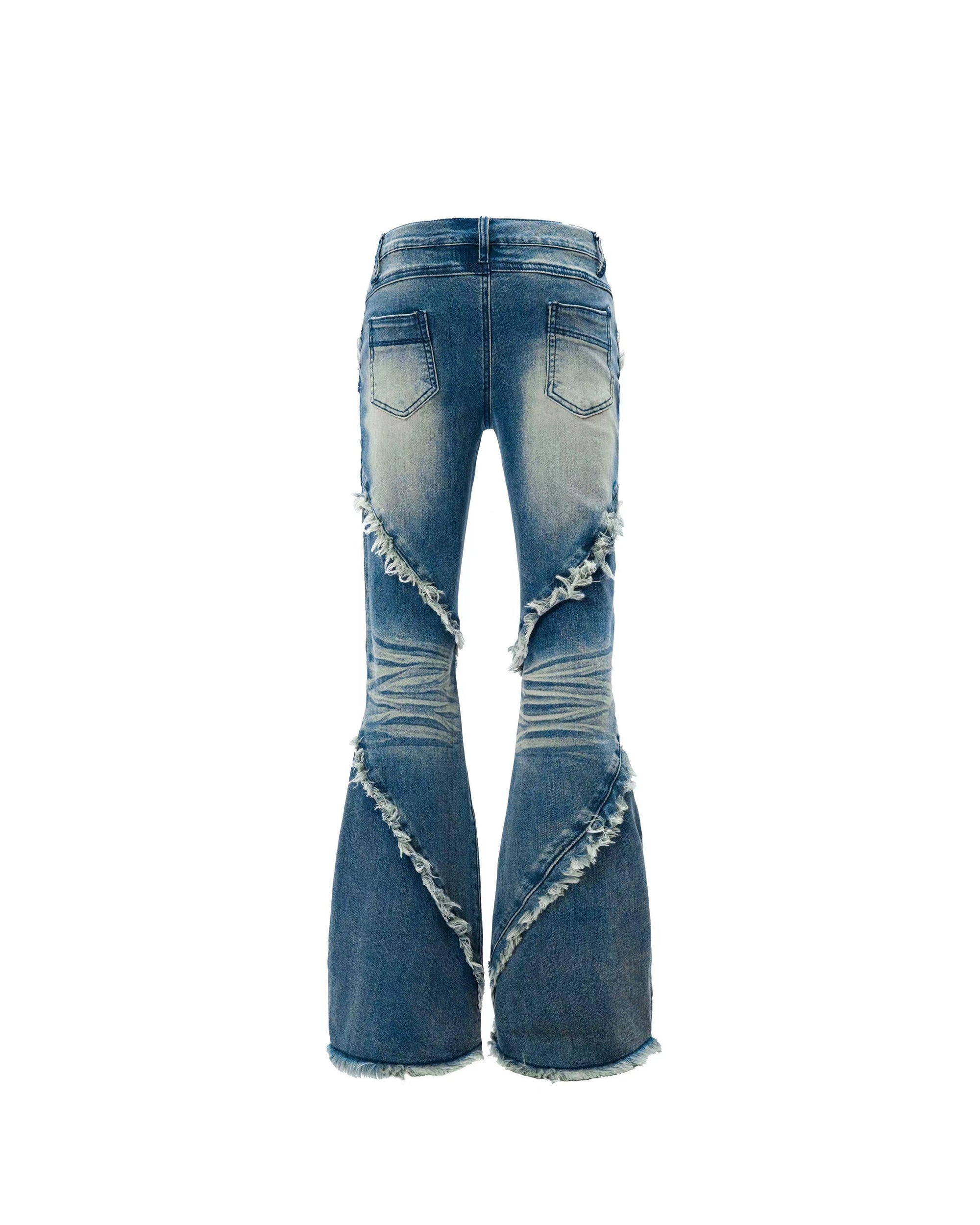 MOGONGSHE Frayed Diagonal-Spliced Flared Jeans