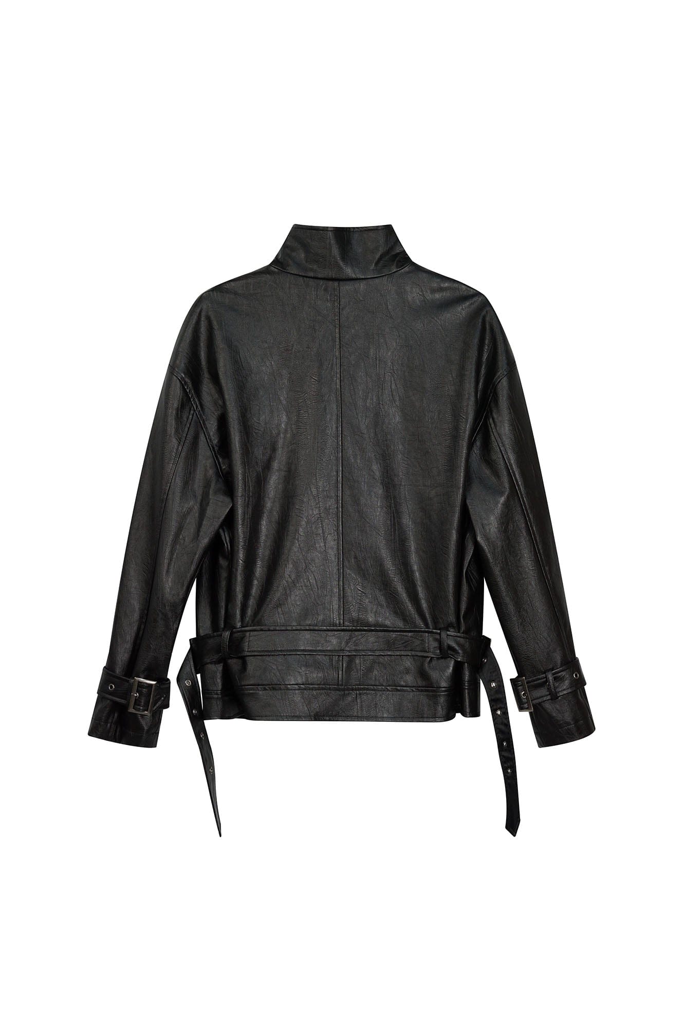 CESTNOUS Belted-Hem Faux Leather Jacket