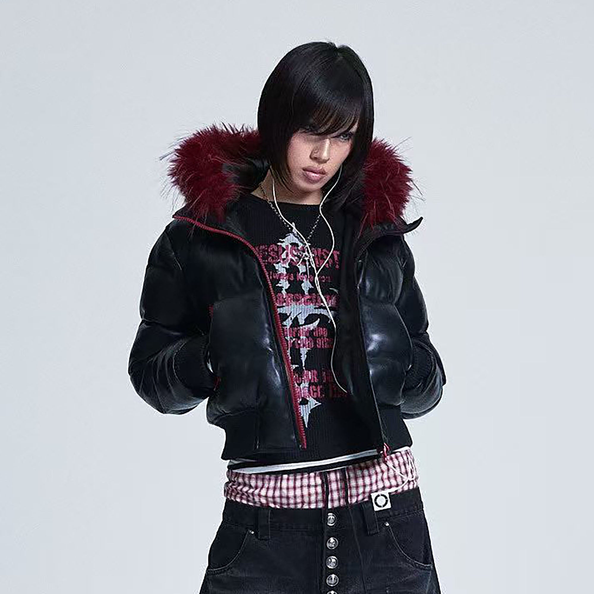 NONAME SPACE Skull Detachable Hood PU Bomber Jacket