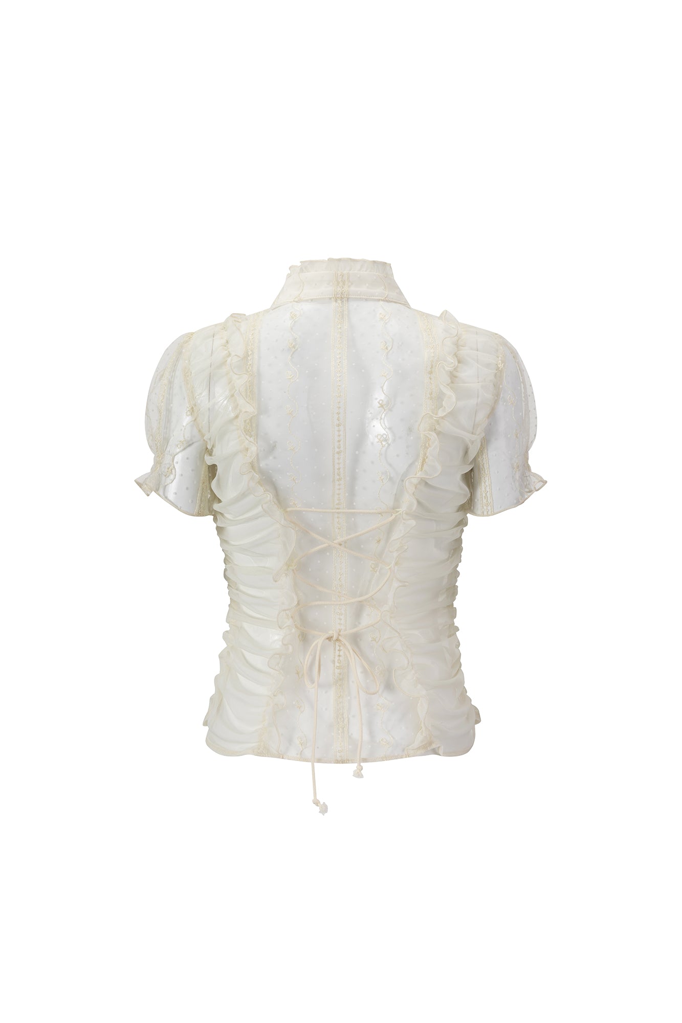 CESTNOUS Sheer Lace Ruched Puff-Sleeve Blouse