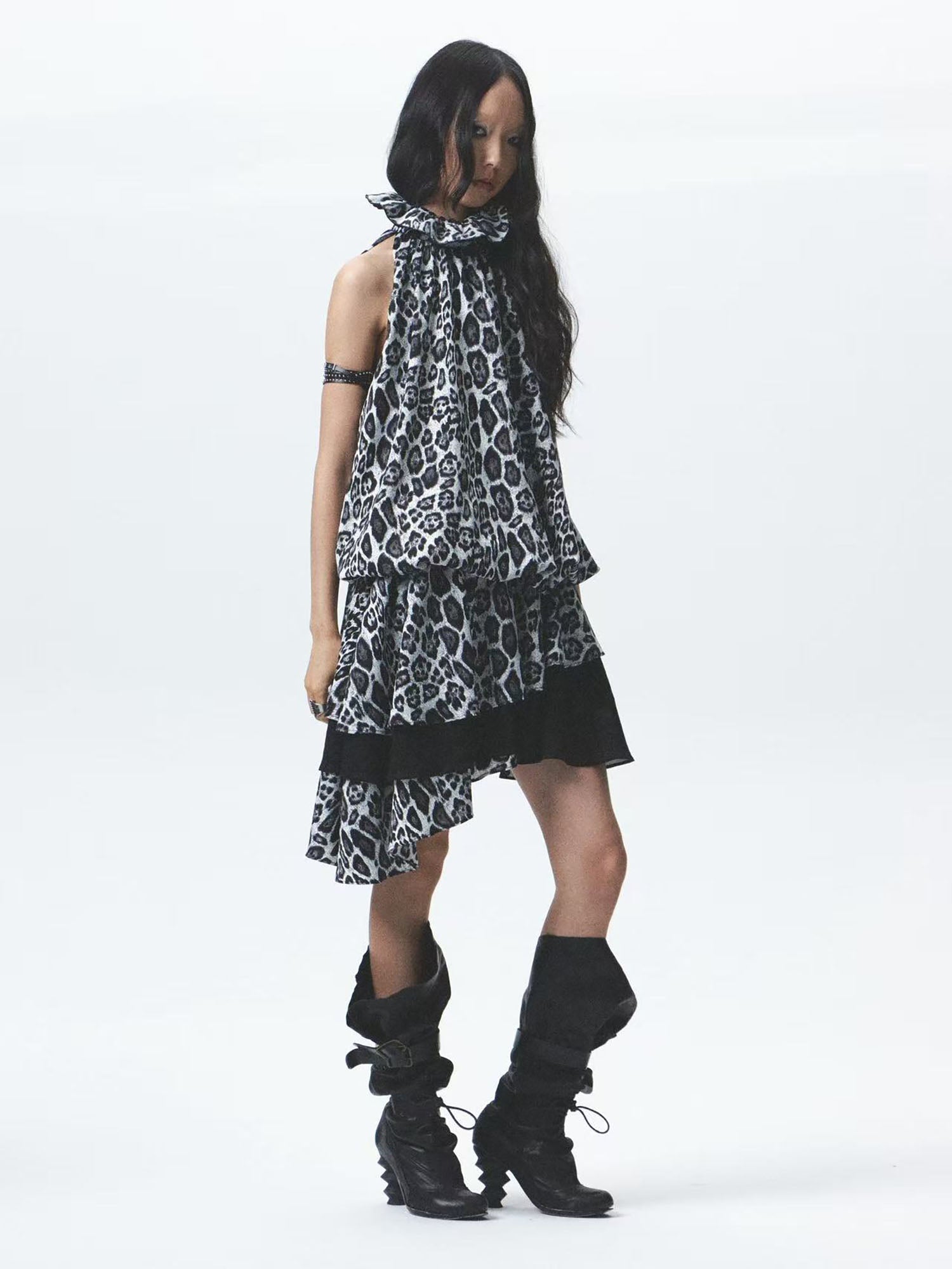 NONAME SPACE Asymmetrical Layered Leopard Ruffle Dress