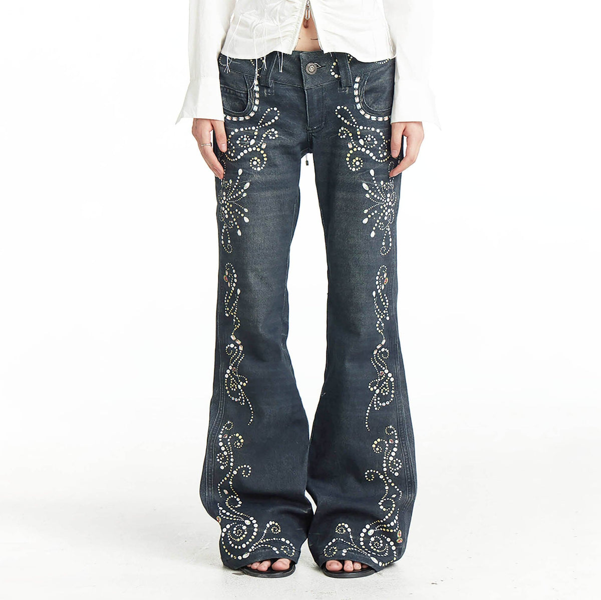 FAYCHUI Retro Gemstone Floral Flared Low-Rise Jeans