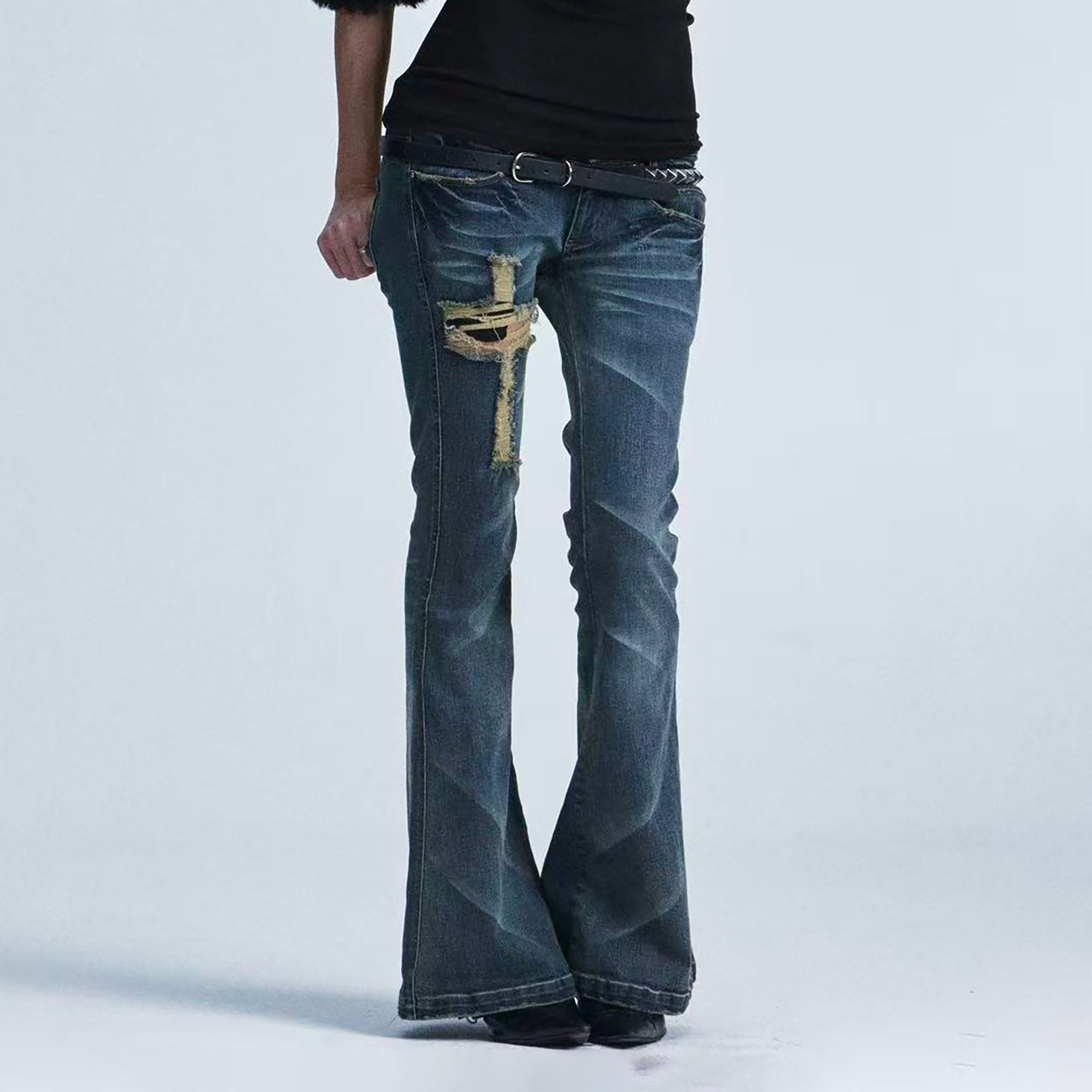 NONAME SPACE Cross Ripped Washed Flared Jeans