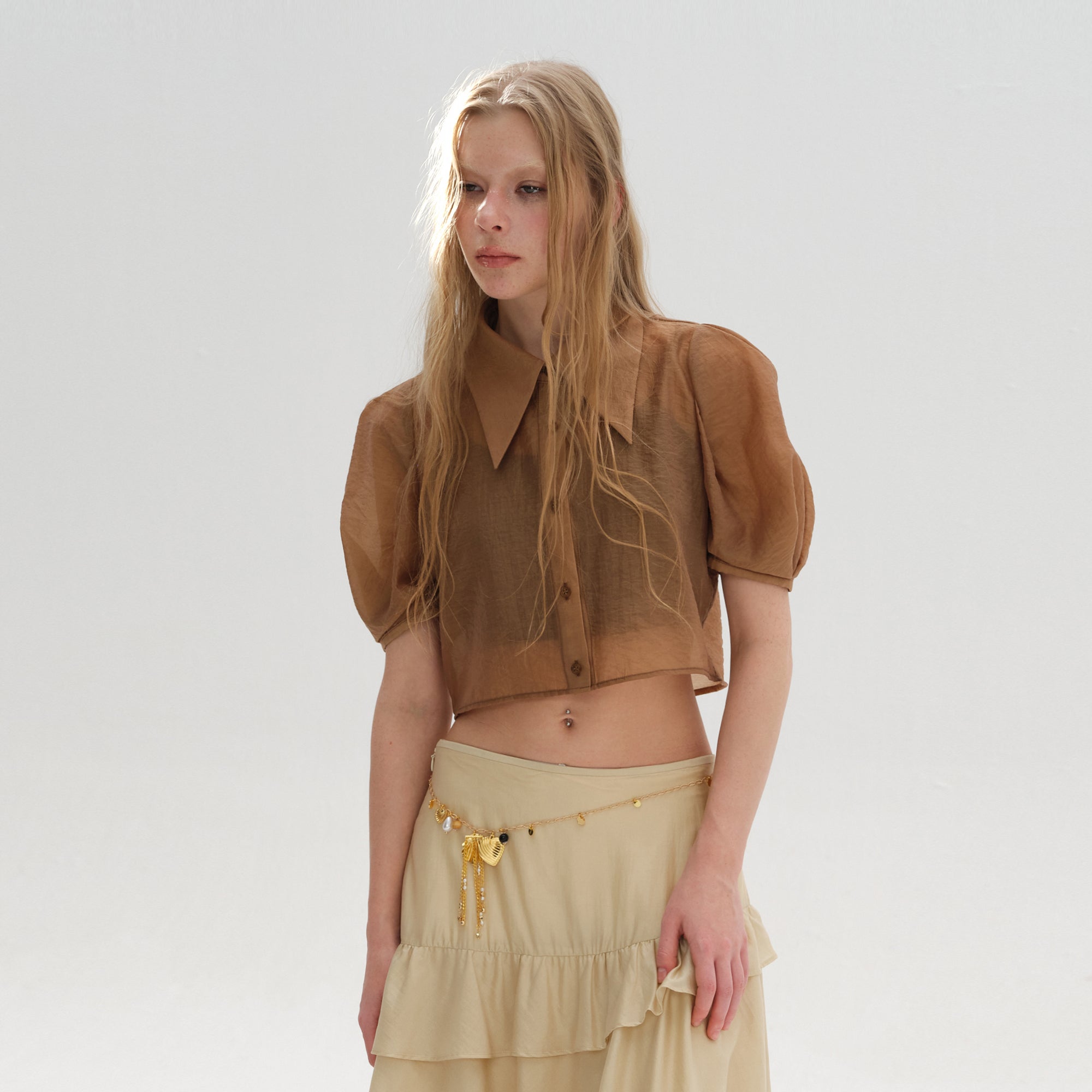 LAYERS Sheer Puff Sleeve Cropped Half Shirt