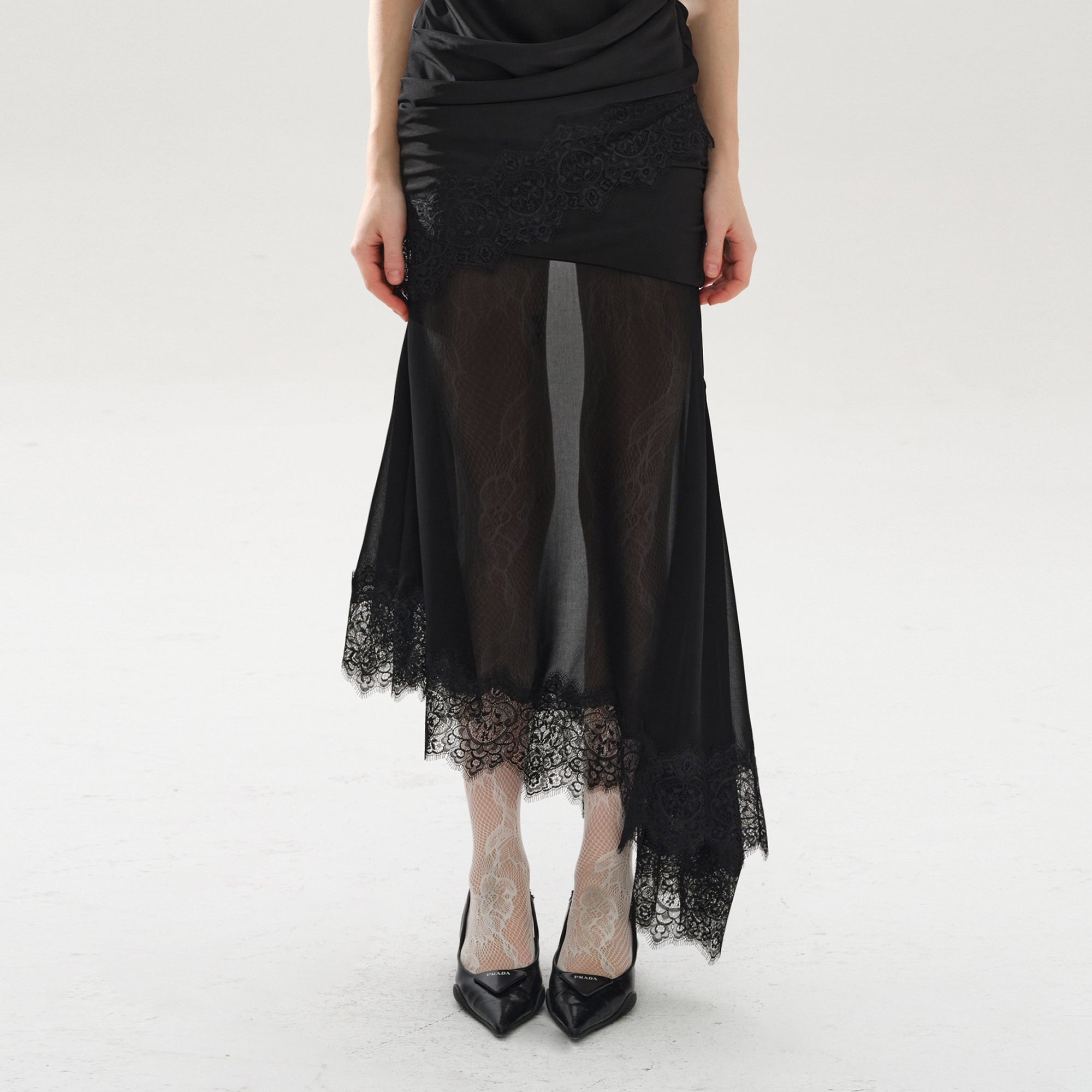 LAYERS Ruched Lace Trim Asymmetrical Midi Skirt