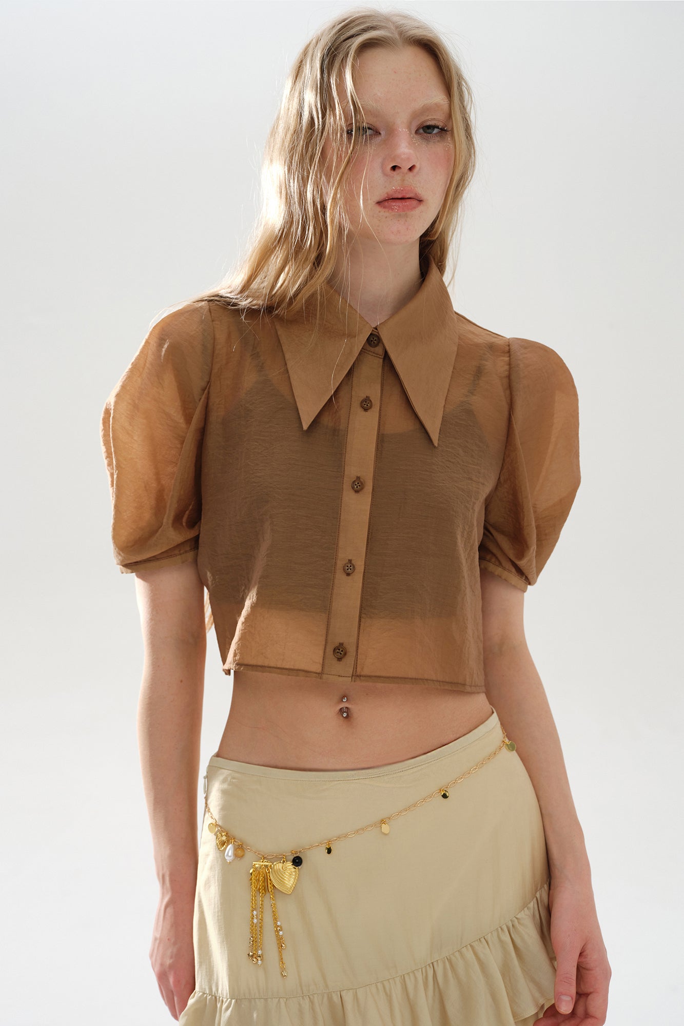 LAYERS Sheer Puff Sleeve Cropped Half Shirt