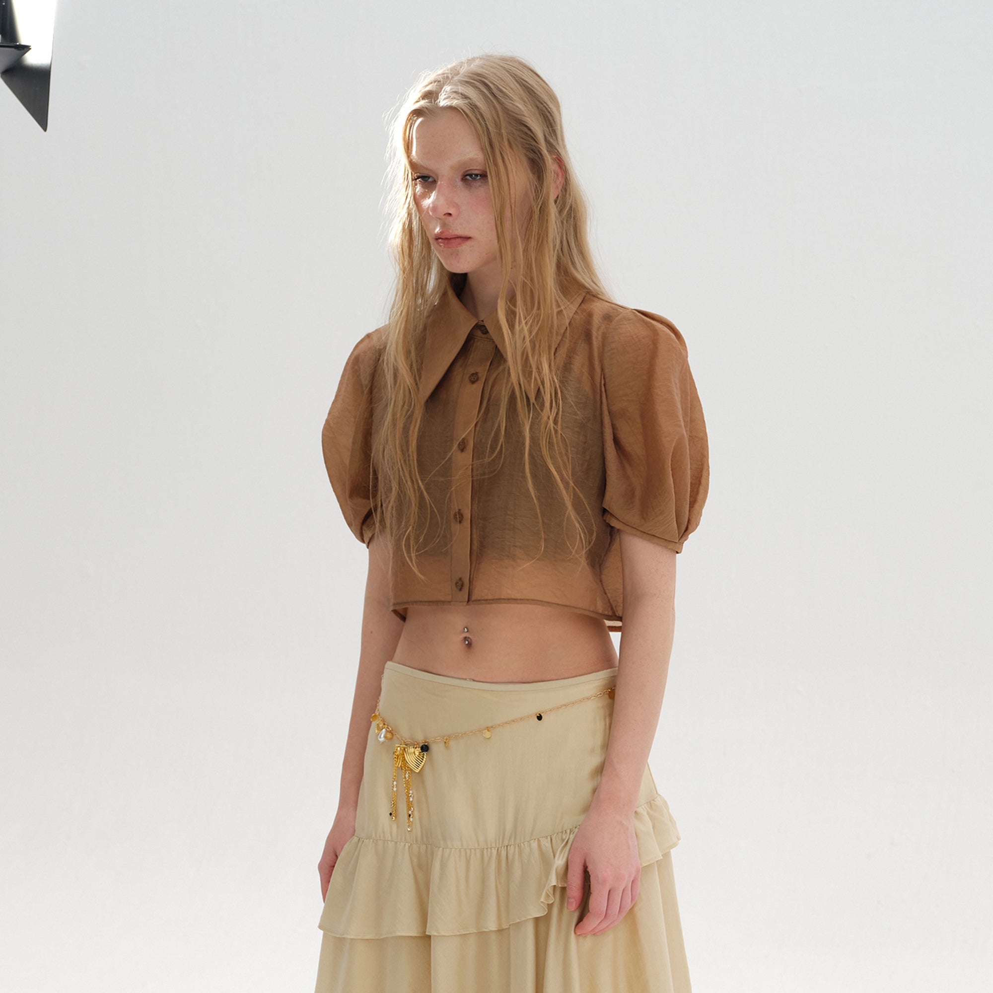 LAYERS Sheer Puff Sleeve Cropped Half Shirt