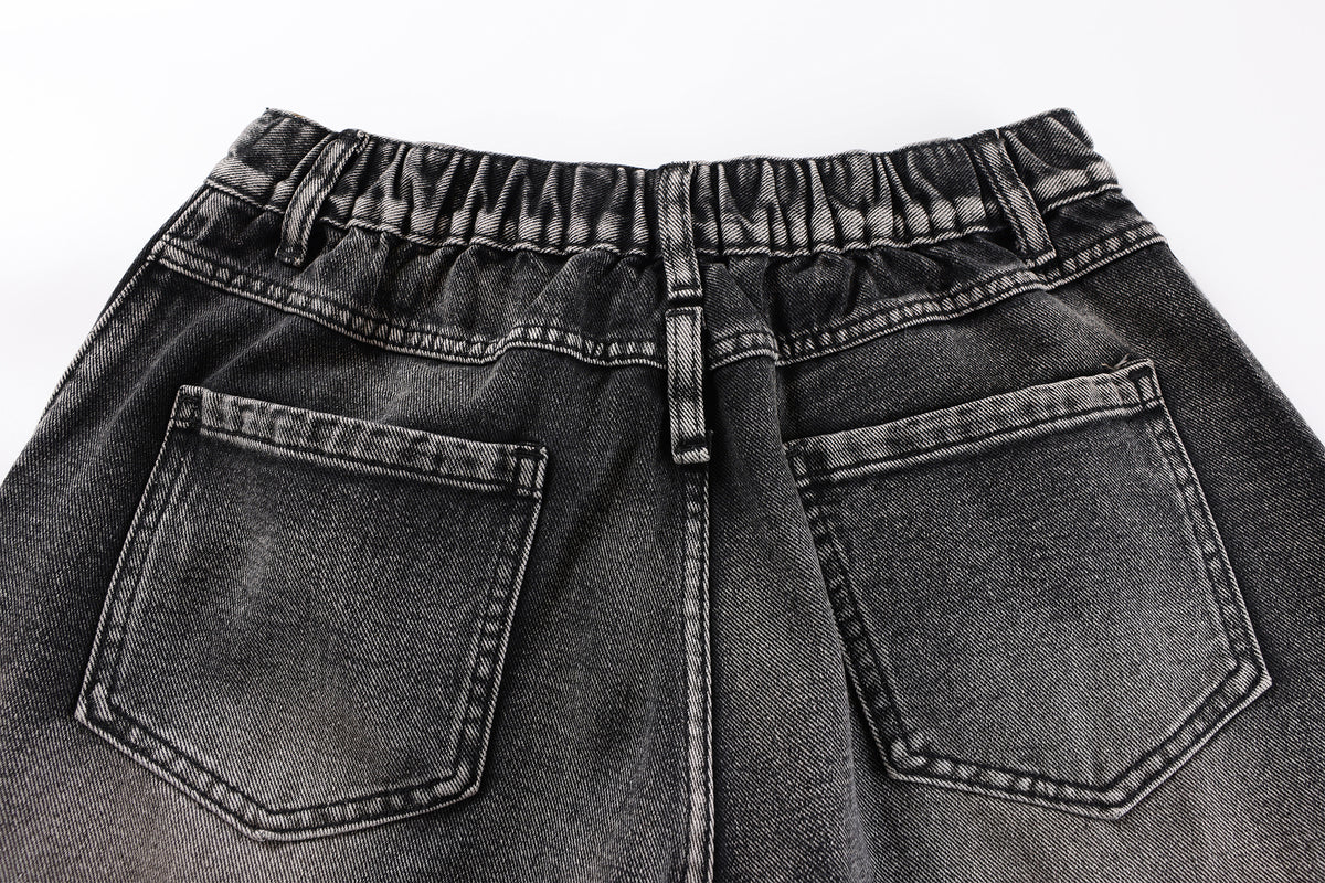 FREE CENTER Distressed Washed Curve Wide-Leg Jeans